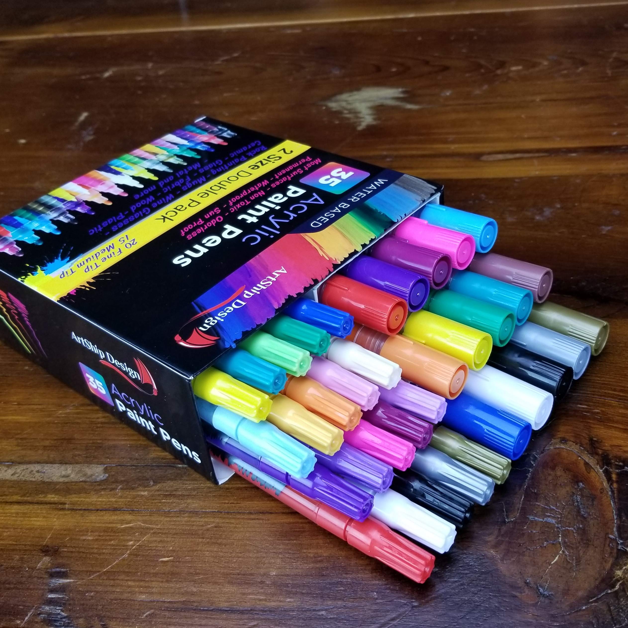 ArtShip Design 10 Black Acrylic Paint Pens, Double Pack of Both Extra Fine and Medium Tip Paint Markers, for Rock Painting, Mug, Ceramic, Glass, and Fabric Painting, Water Based Non-Toxic and No Odor