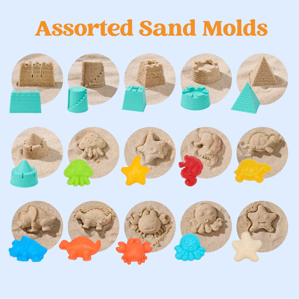 Sloosh Beach Sand Toys Set - Dump Truck Car Toy with Sand Molds for Toddlers Outdoor Play, Collapsible Foldable Buckets Mesh Bag Shovels Castle Animal Mold Sets, Kids Ages Sandbox Toys (Animals)