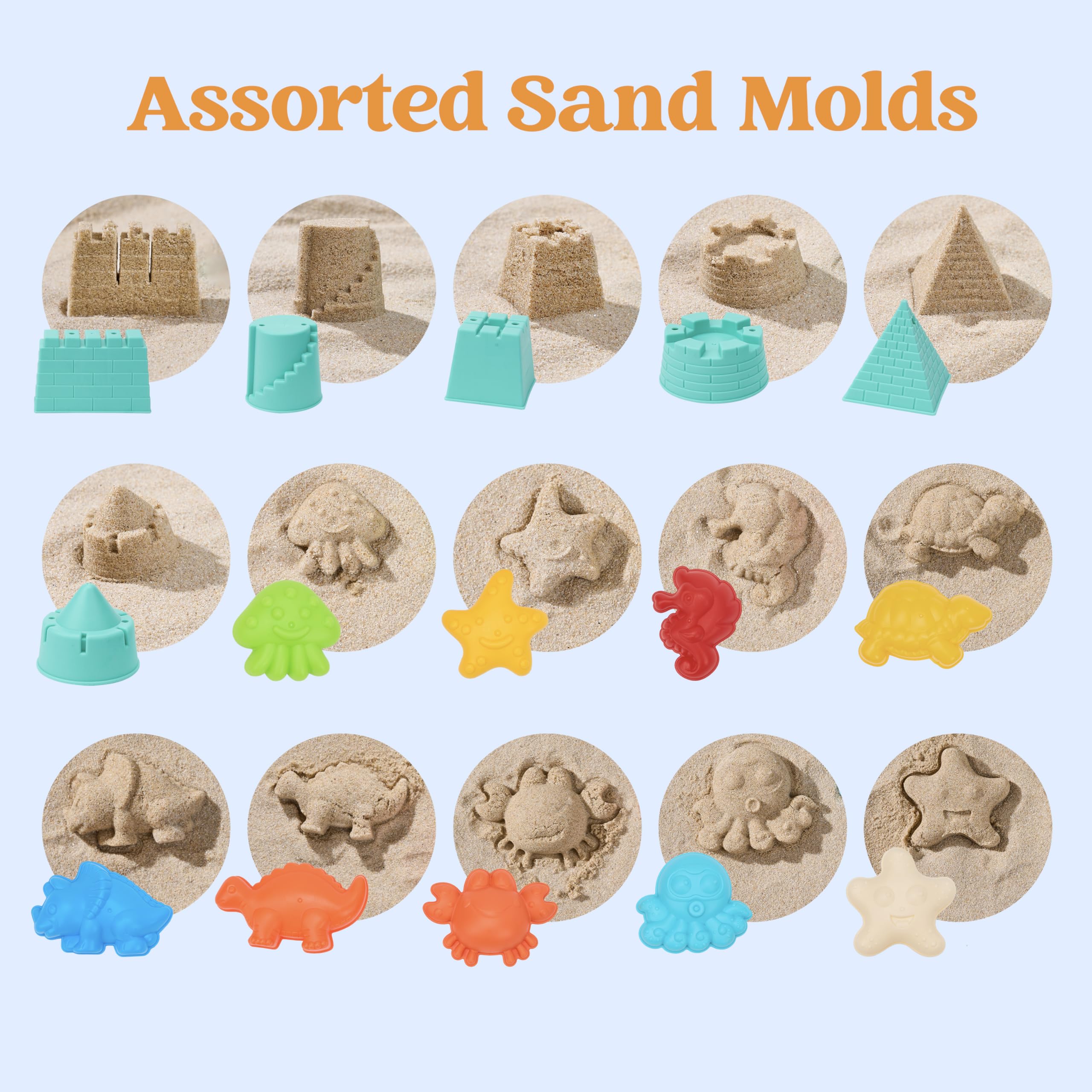 Sloosh Beach Sand Toys Set - Dump Truck Car Toy with Sand Molds for Toddlers Outdoor Play, Collapsible Foldable Buckets Mesh Bag Shovels Castle Animal Mold Sets, Kids Ages Sandbox Toys (Animals)