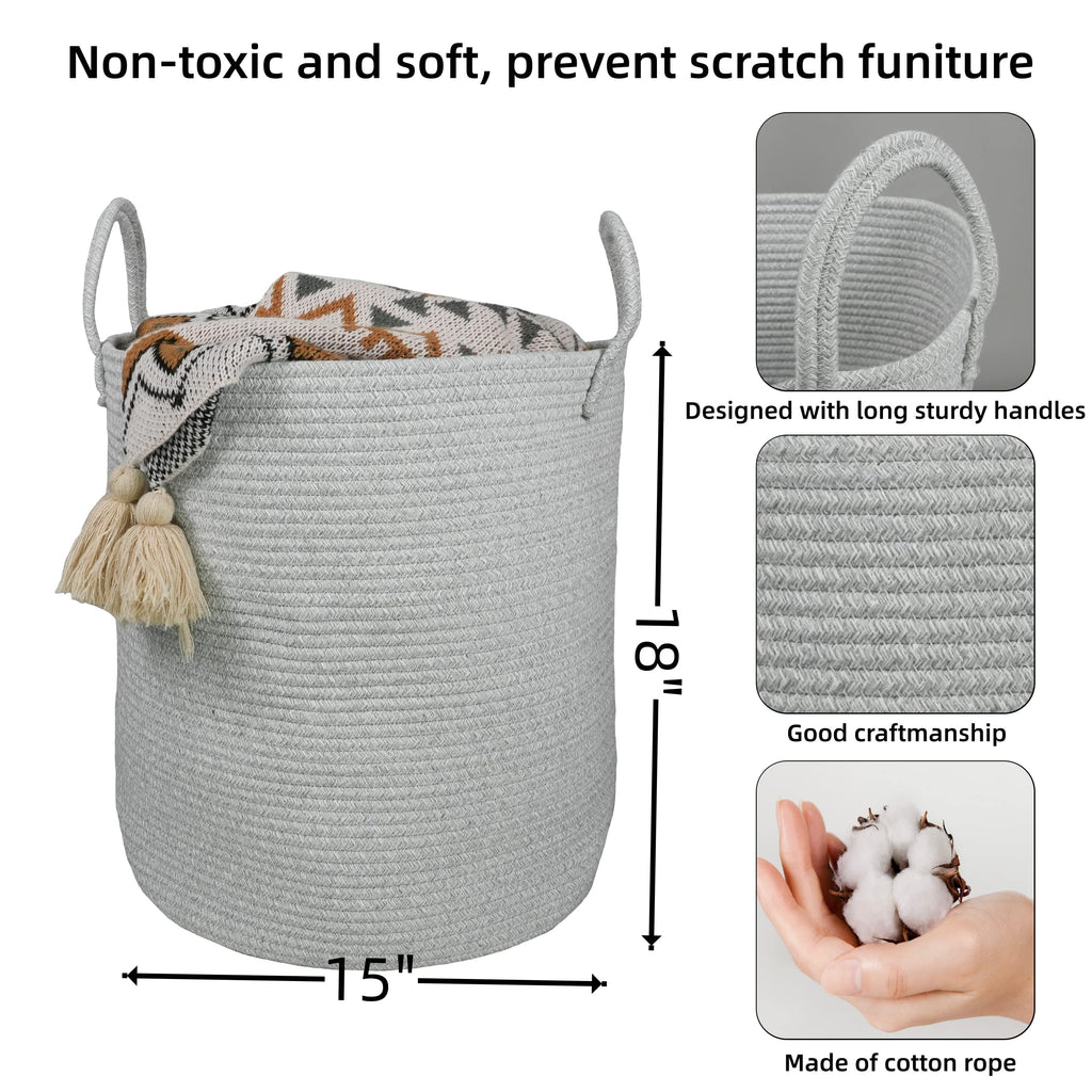 XUANGUO Black Cotton Rope Laundry Basket Hamper for Clothes Woven Storage Basket for Living Room Bedroom Boho Tall Rope Baskets for Blanket Toys Pillow Towels Baby Nursery Hamper Bin Large