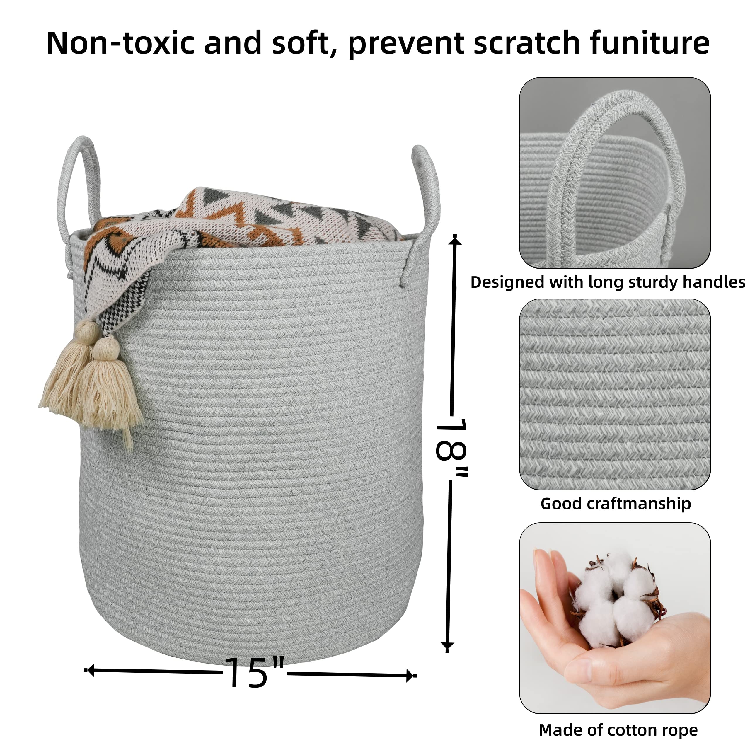 XUANGUO Black Cotton Rope Laundry Basket Hamper for Clothes Woven Storage Basket for Living Room Bedroom Boho Tall Rope Baskets for Blanket Toys Pillow Towels Baby Nursery Hamper Bin Large