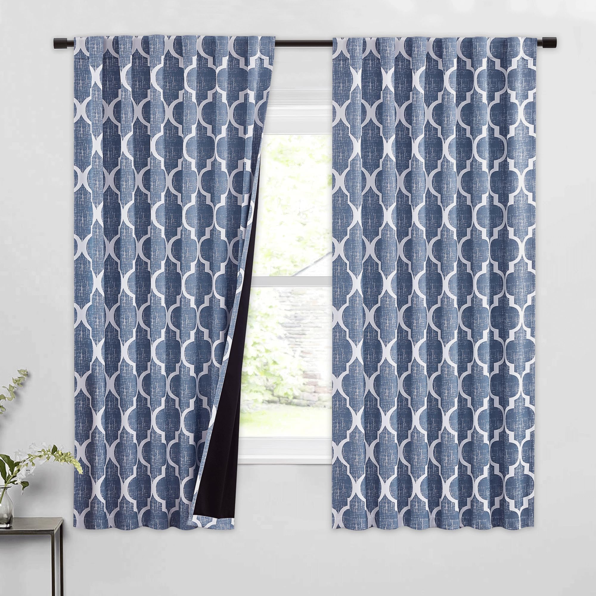 Beauoop 100% Blackout Curtains 45 Inches Long 2 Panels for Bedroom Living Room Aqua Grey Moroccan Geo Room Darkening Thermal Insulated Soundproof Grommet Top Window Treatments Drapes, 50x45 Set of 2