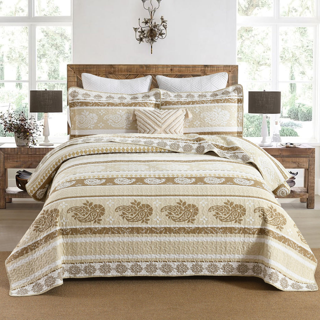 Yellow Quilts Queen Size, Paisley Comforter Set Queen Cotton Bed, Yellow Grey White Comforter, Striped Bedding Queen Size, Lightweight Luxury Bedspread,3 Piece