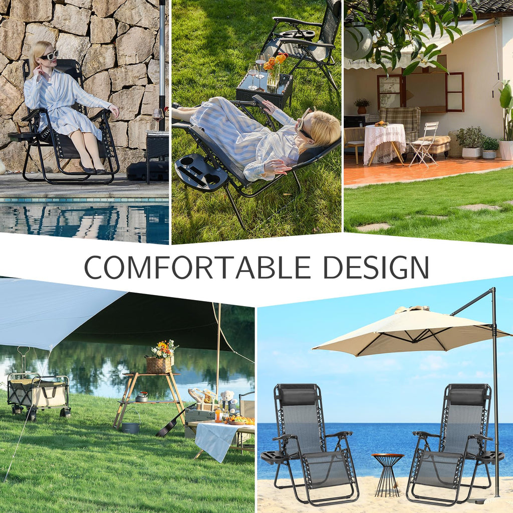Sweetcrispy Zero Gravity Chairs, Set of 4 Portable Recliner Beach Camping Patio Outdoor Folding Lounge Chair with Cup Holder Trays and Adjustable Pillow for Poolside, Garden, Backyard, Lawn, Black