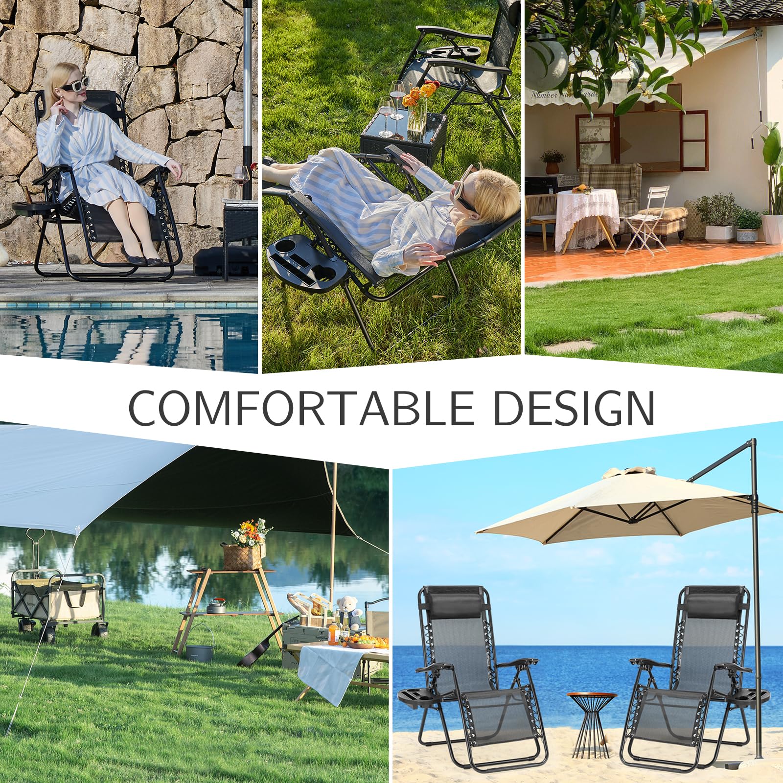 Sweetcrispy Zero Gravity Chairs, Set of 4 Portable Recliner Beach Camping Patio Outdoor Folding Lounge Chair with Cup Holder Trays and Adjustable Pillow for Poolside, Garden, Backyard, Lawn, Black