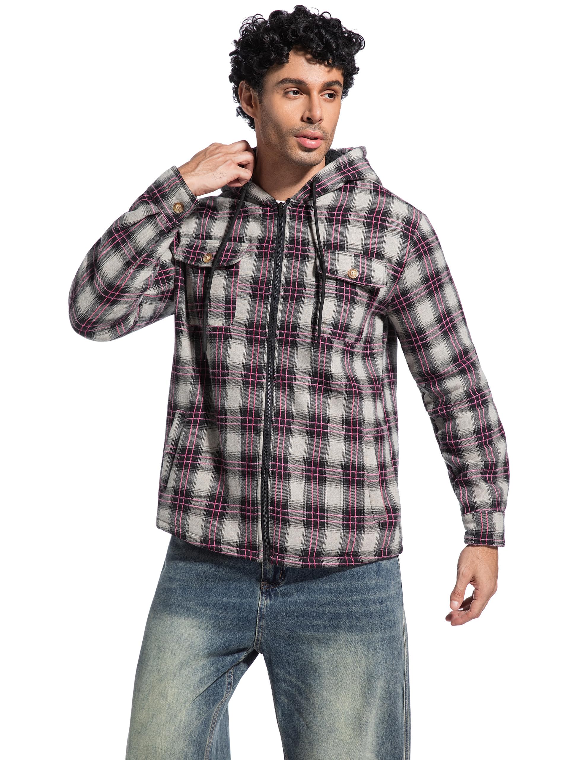 Men's Flannel Plaid Hooded Jackets Full Zip Sherpa Fleece Lined Hoodies Fashion Warm Coat