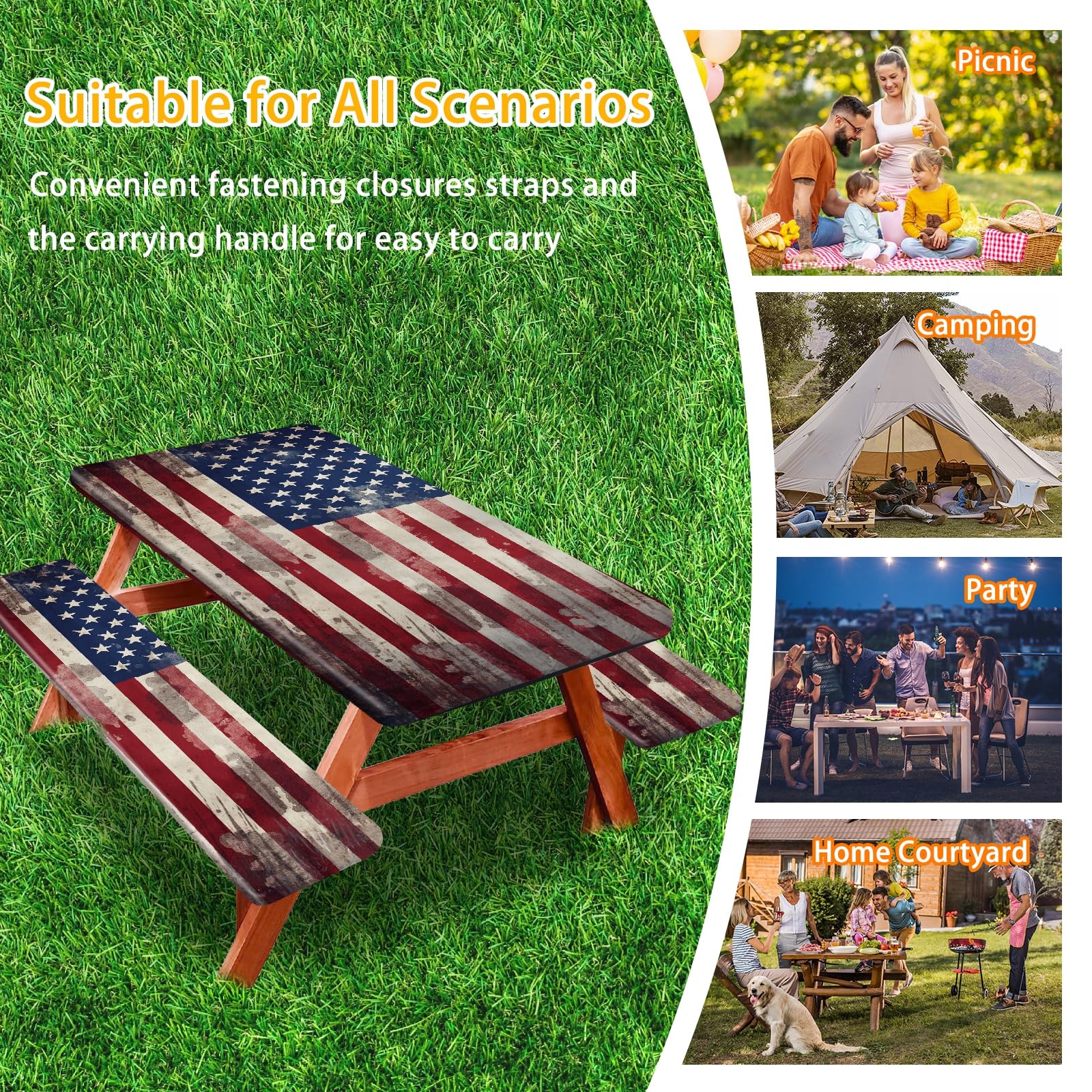 Park Picnic Table Cover with Bench Covers Lightweight Camping Essentials, Oil-Proof Waterproof 3PCS Tablecloth with Elastic, Fitted for Table 6FT Rectangle and Seats, American Flag Eagle (72x30in)