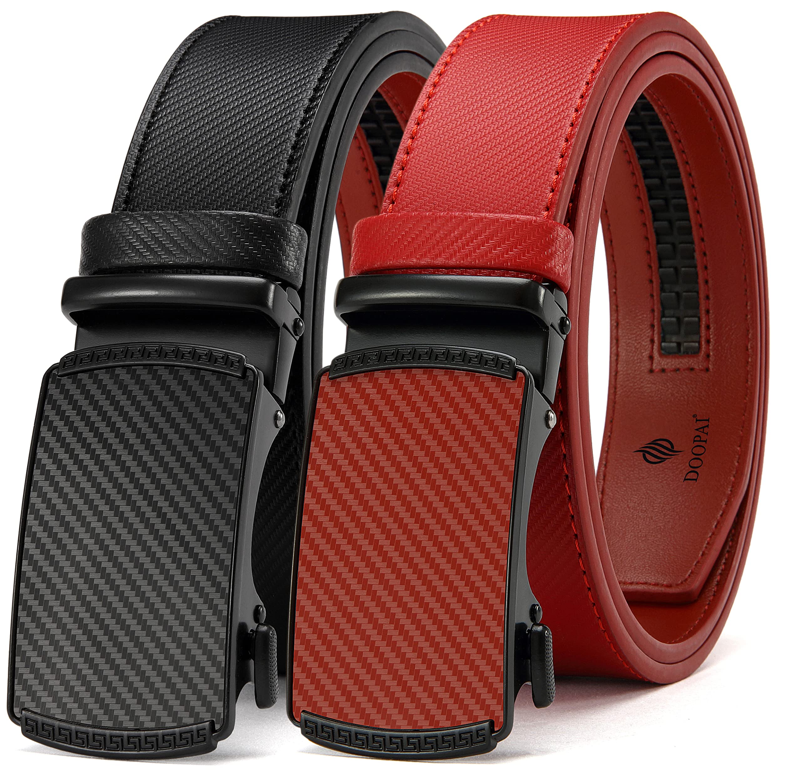 DOOPAI Men's 2 Pack Ratchet Dress Belt - Adjustable 1 3/8" Genuine Leather, Size Length Can Be Cut, With Gift Box
