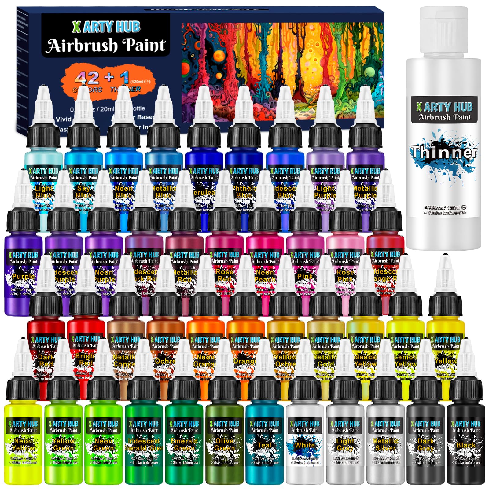 Airbrush Paint - 42 Colors Air Brush Painting Set with 4.05 fl oz Thinner, Iridescent, Neon & Metallic Acrylic Paints, Ready-to-Spray, Water-Based for Paper, Canvas, Wood, Fabric, Models