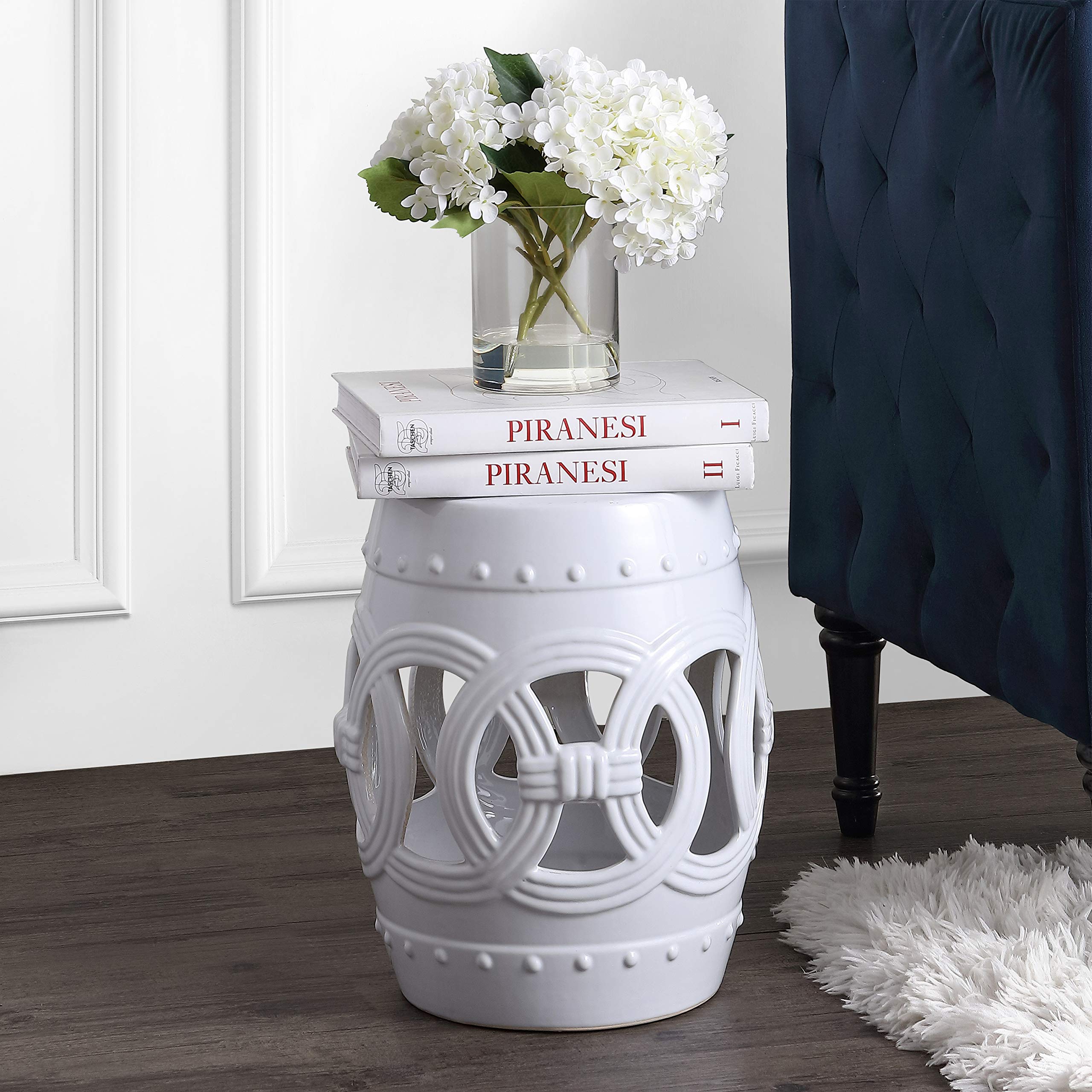 JONATHAN Y Lucky Coins 16" Ceramic Garden Stool, Contemporary Blue/White Cutout Interlocking Rings Drum Indoor/Outdoor Side Table and Plant Stand for Patio, Garden, Living Room TBL1027A
