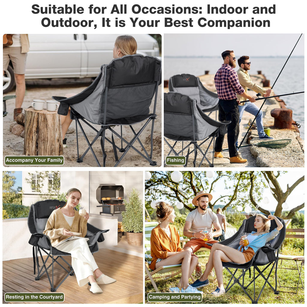 Double Camping Chair Heavy Duty Oversized Padded Loveseat for Adults 2 Person Outdoor Portable Camping Chairs for Lawn, Backyard, Fishing, Trip, Support 600lbs, Grey