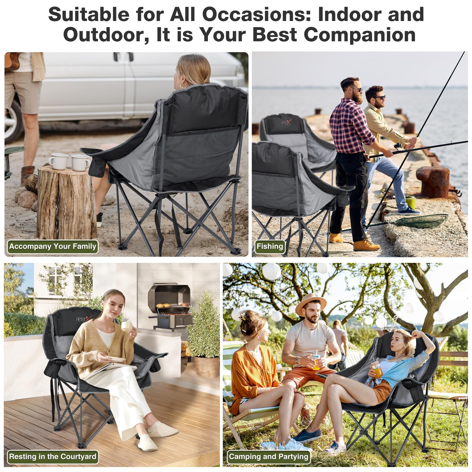 Double Camping Chair Heavy Duty Oversized Padded Loveseat for Adults 2 Person Outdoor Portable Camping Chairs for Lawn, Backyard, Fishing, Trip, Support 600lbs, Grey
