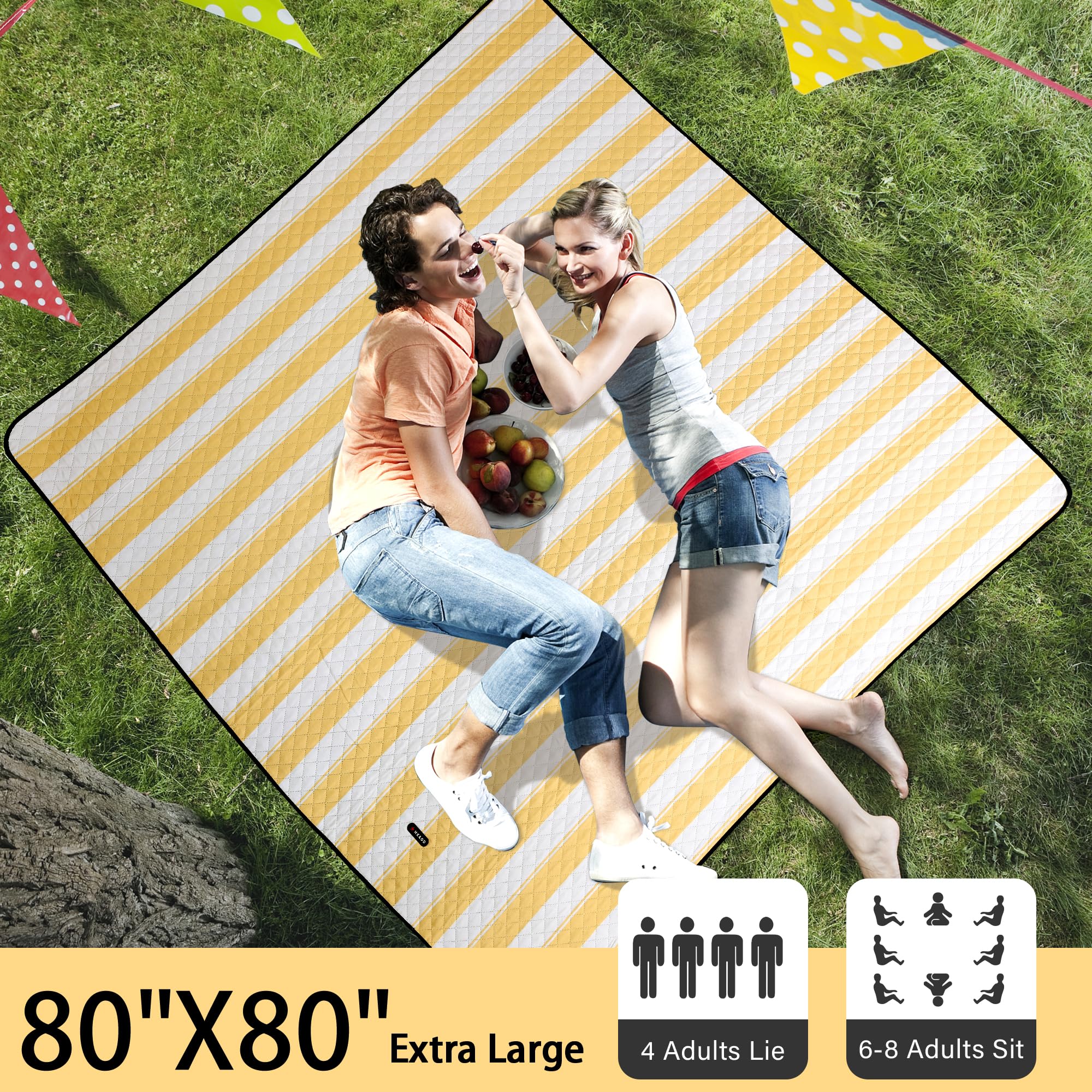 HX&OD Extra Large Picnic Outdoor Blanket, 80”x60” Waterproof Picnic Mat Foldable Camping Blanket Portable with Carry Strap for Beach Mat Outdoor Camping Party(Yellow)