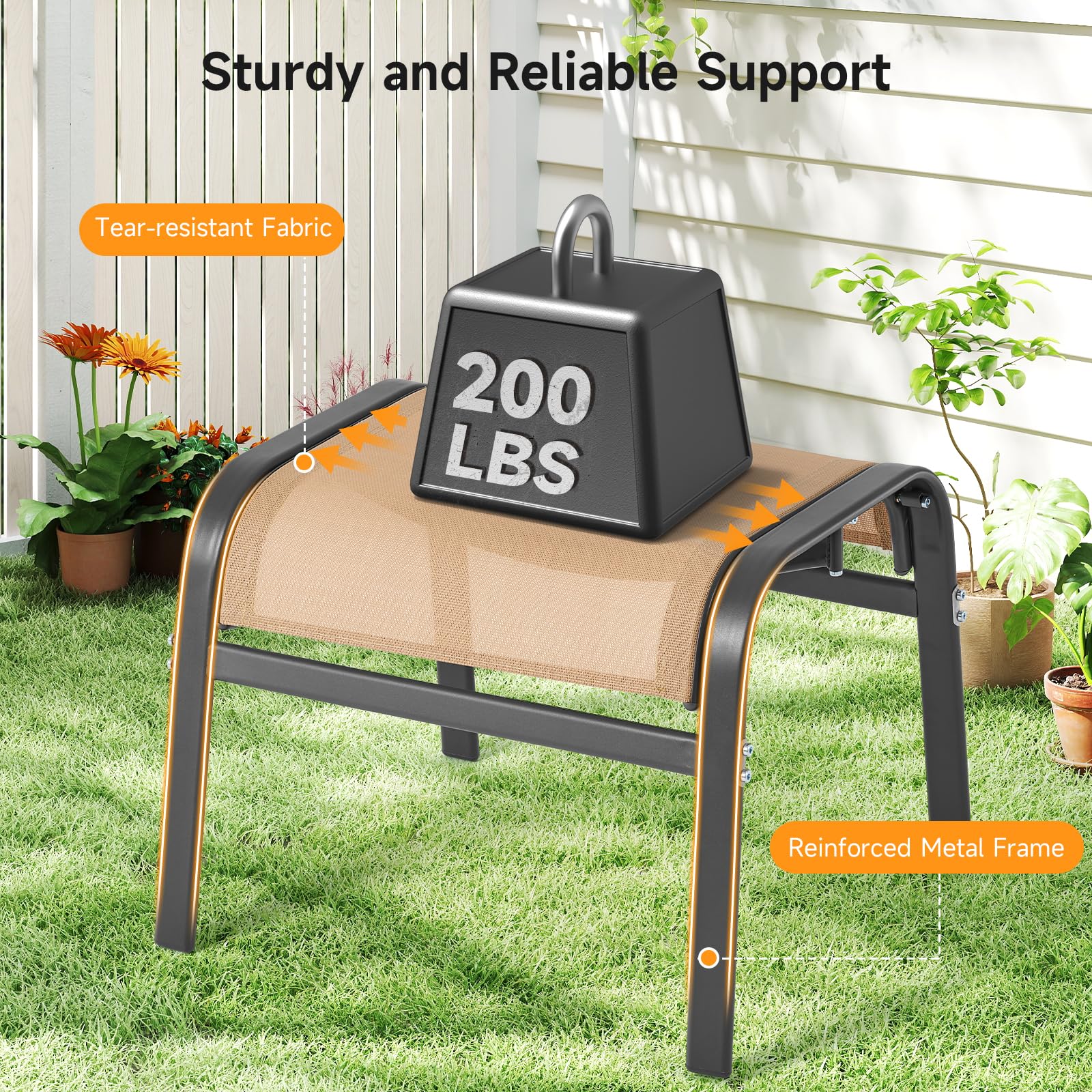 ONBRILL Outdoor Ottoman Set of 2, All Weather Outdoor Foot Stool with Supportive Textliene and Metal Frame, Stackable Oversized Outdoor Foot Rest for Furniture Patio Garden Pool, Beige
