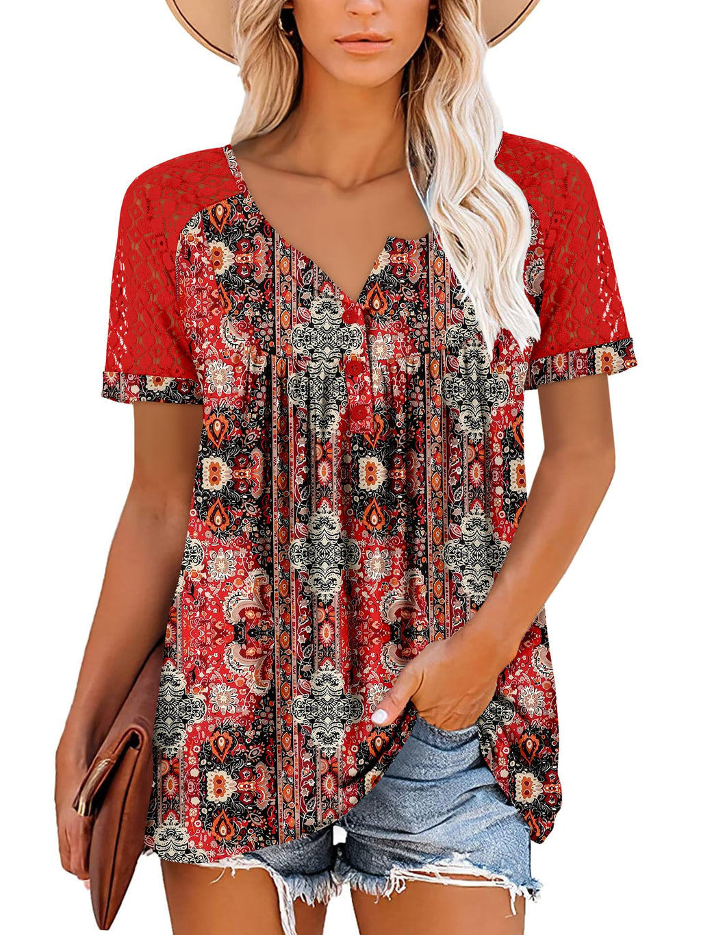 Mystry Zone Womens Henley V Neck Casual Blouse Button Down T Shirts Flare and Flowy Tops