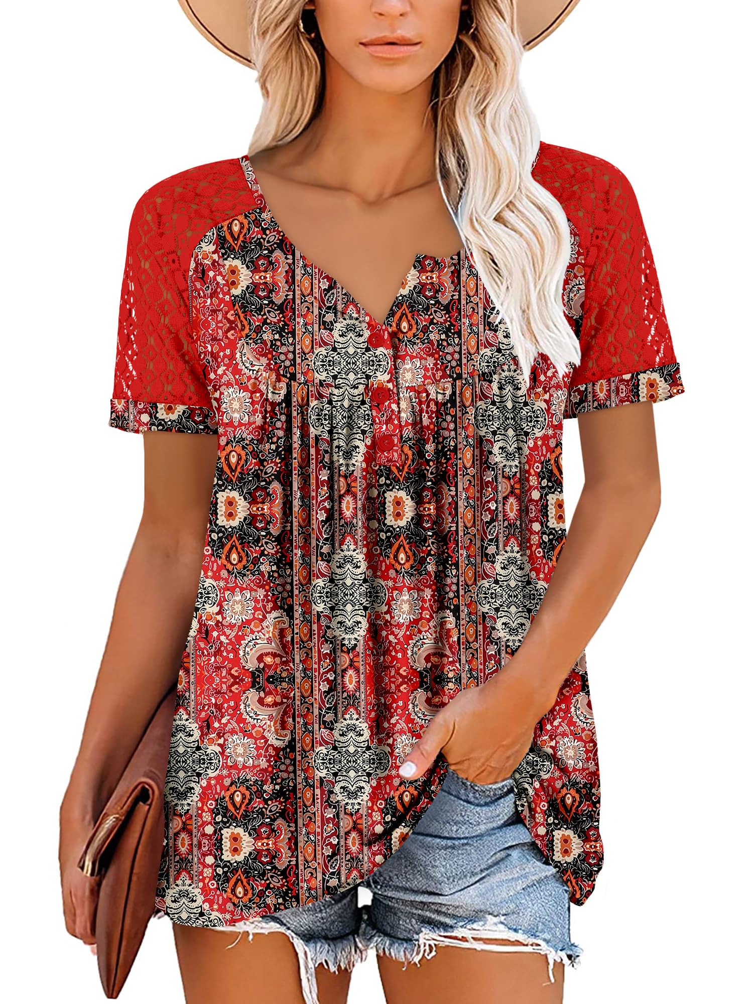 Mystry Zone Womens Henley V Neck Casual Blouse Button Down T Shirts Flare and Flowy Tops