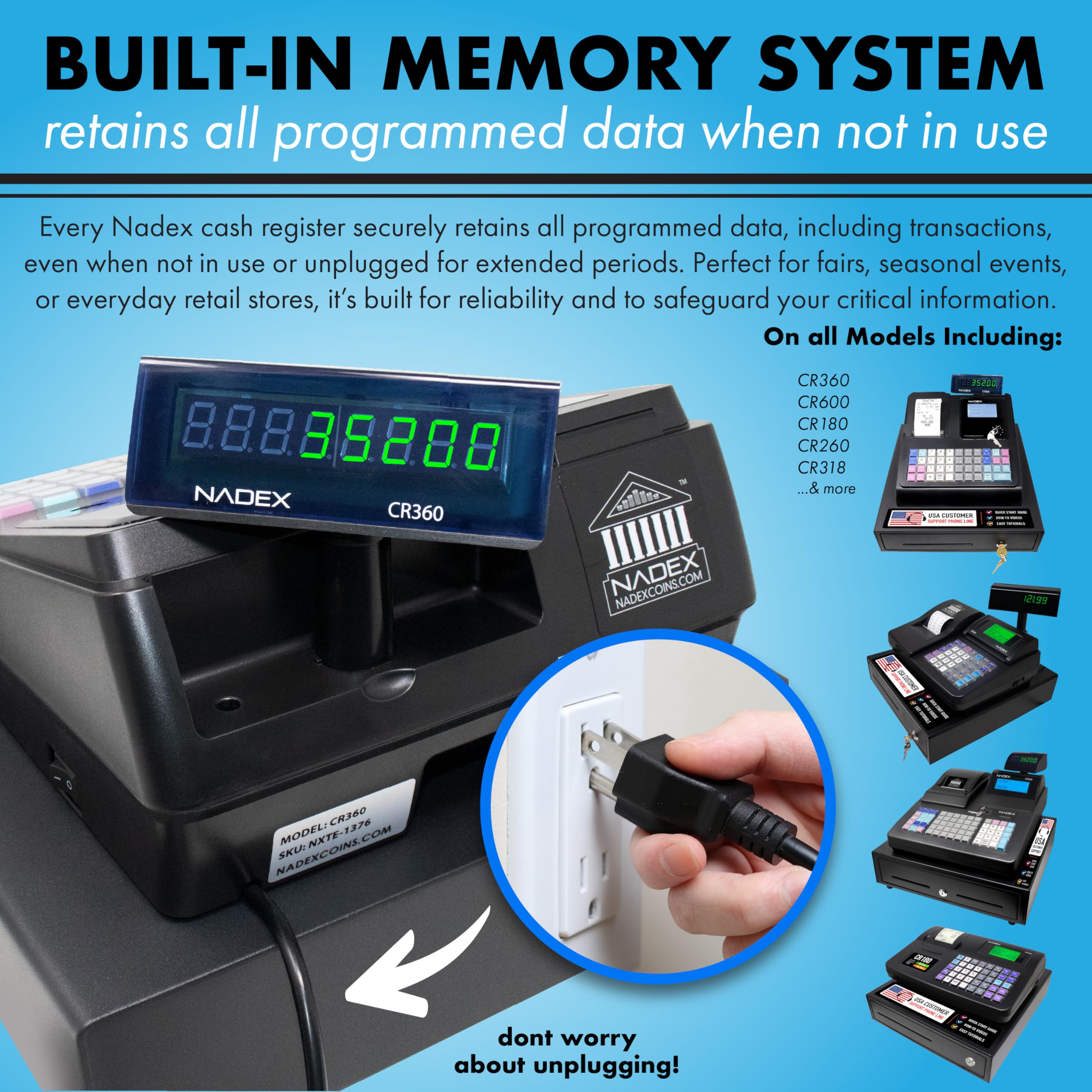 Nadex CR360 Cash Register, 4700 Lookups 50 Dept 50 Clerks, Quick Load Thermal Printer, Compact Size, Cash and Coin Drawer, Black
