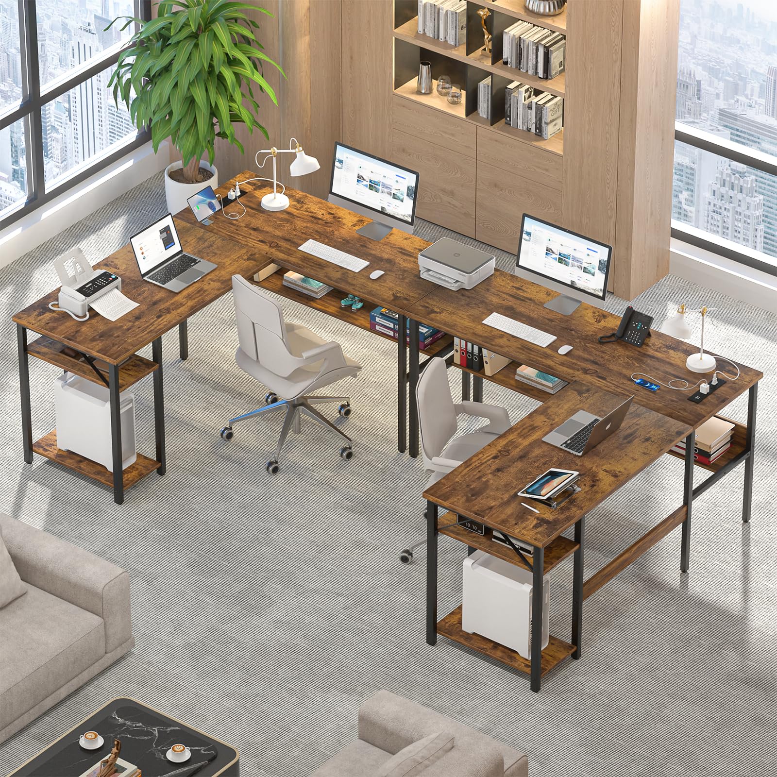 Reversible L Shaped Gaming Desk with Power Outlets and USB Charging Ports, Sturdy Computer Desk with Storage Shelf, Modern Corner Desk Home Office Table, Easy to Assemble, Gray Oak
