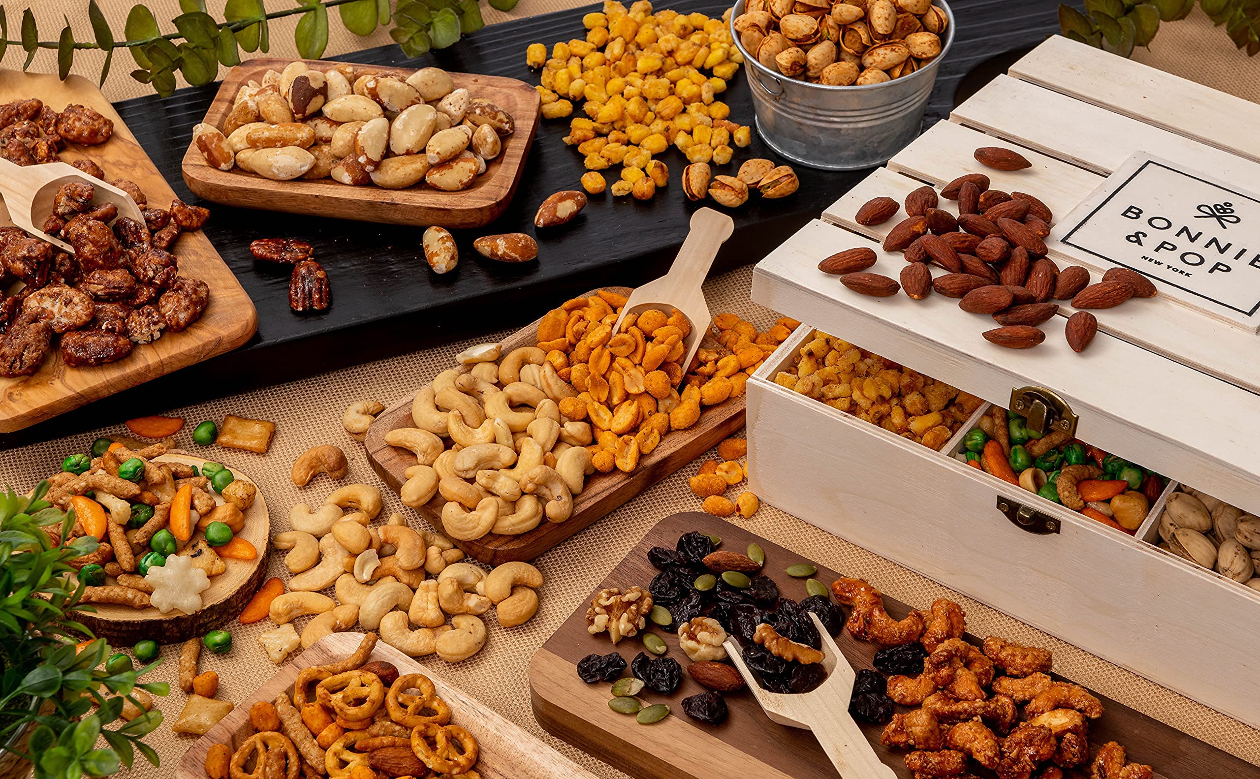 Nut Gift Basket, in Reusable Wooden Crate, Healthy Fathers Day Gift Option, Gourmet Snack Food Box, with Unique Flavors, Great for Feel Better, Sympathy & Birthday- Bonnie & Pop