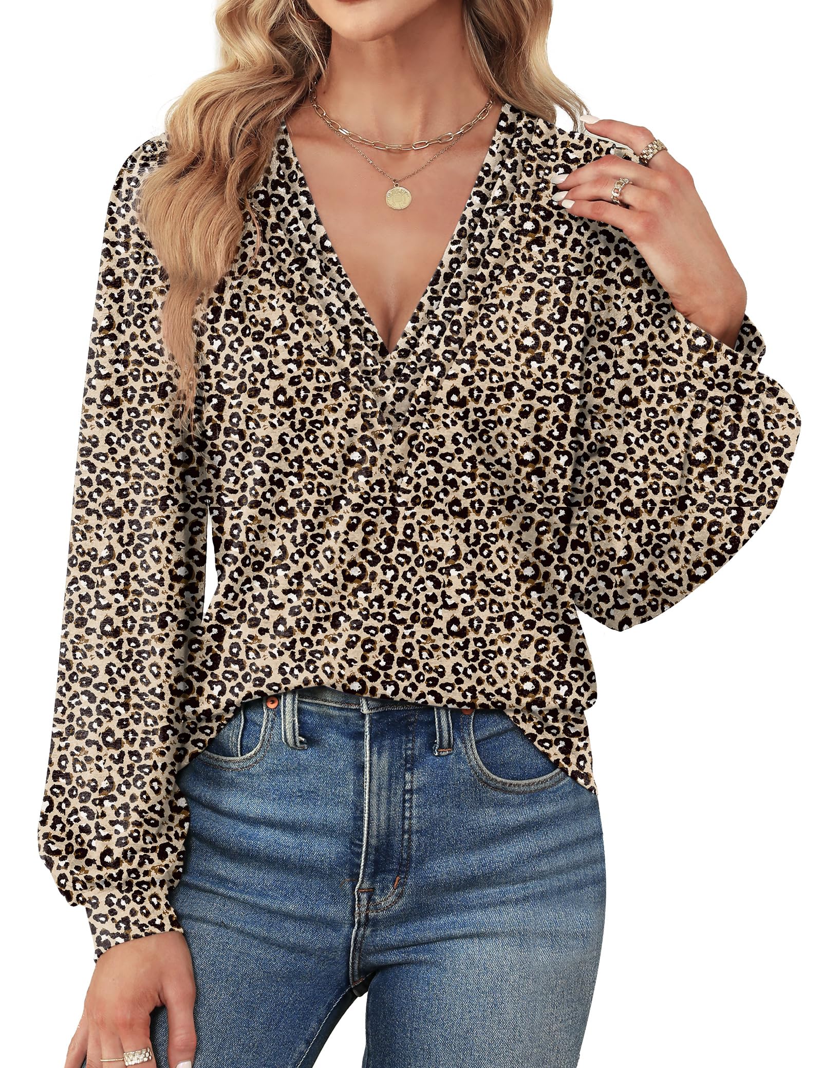 Agnes Urban Womens V Neck Long Sleeve Tops Dressy Casual Fall Shirts Puff Sleeve Loose Tunic Trendy Tops Blouses