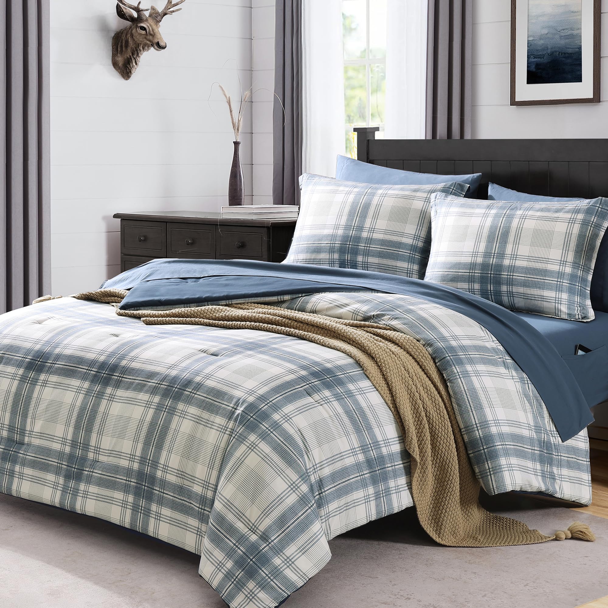 MaiRêve Queen Comforter Set, Classic Plaid Farmhouse Bedding Sets 7 Pieces, Beige All Season Bed in A Bag with Sheets, Pillowcases & Shams