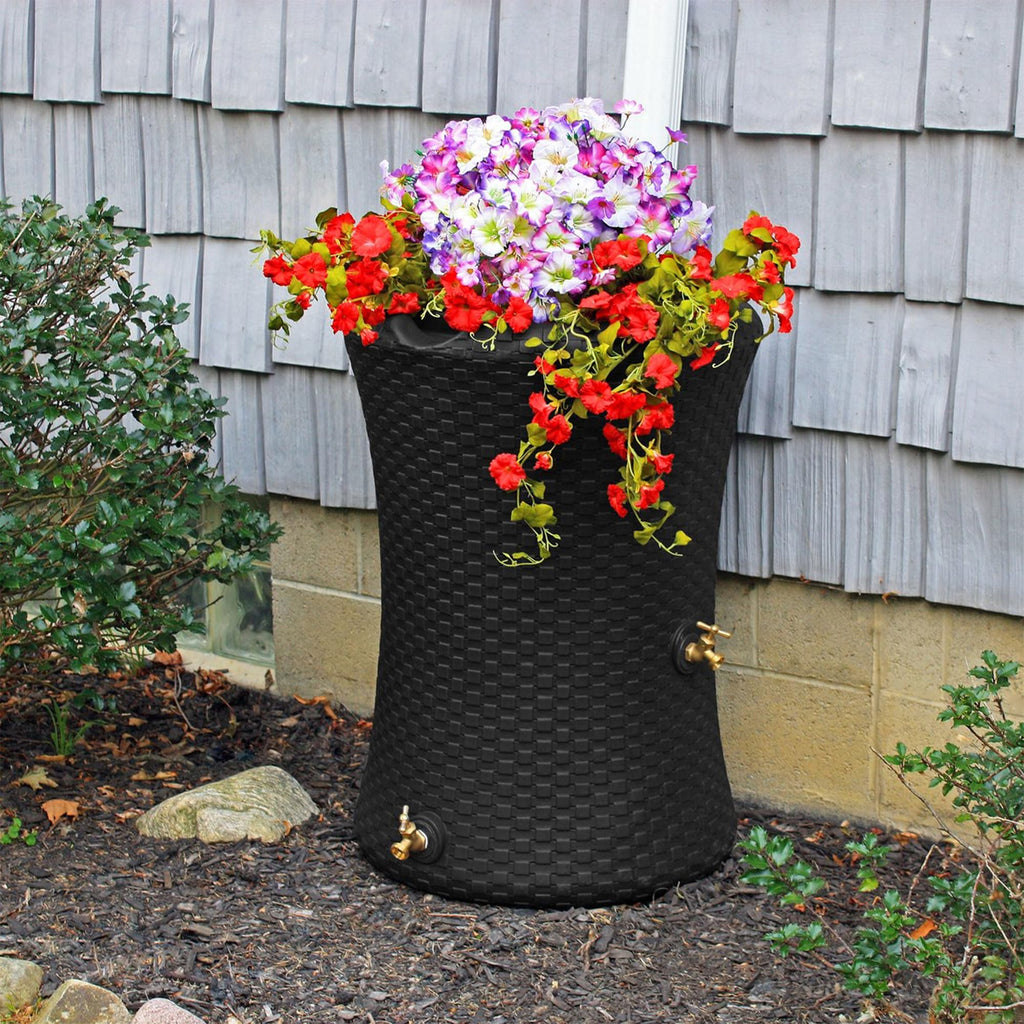Good Ideas Impressions 50 Gallon Nantucket Outdoor Home Rain Barrel Water Storage Collector with Garden Planter and Brass Spigot, Black (2 Pack)
