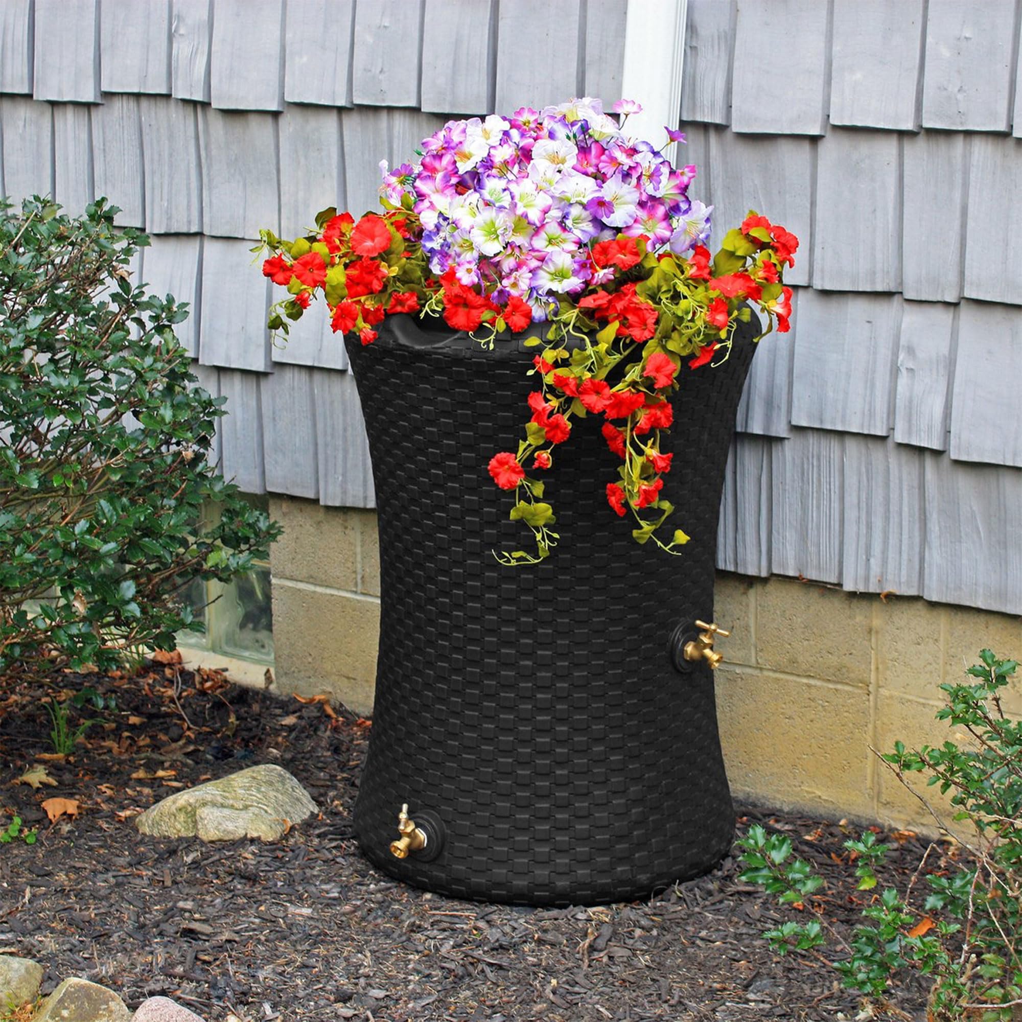 Good Ideas Impressions 50 Gallon Nantucket Outdoor Home Rain Barrel Water Storage Collector with Garden Planter and Brass Spigot, Black (2 Pack)