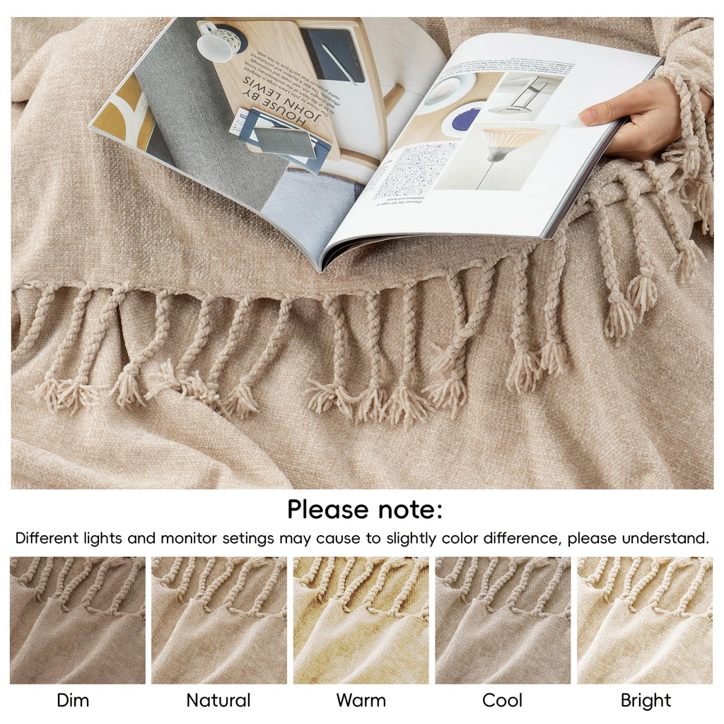 BATTILO HOME Beige Chenille Throw Blanket for Couch, Soft Cozy Textured Knit Throw Blanket with Handmade Fringe Tassels, Lightweight Decorative Farmhouse Blanket for Sofa Bed Chair, 50"x60"