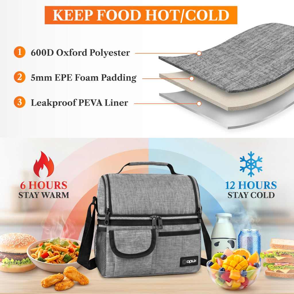 opux Insulated Lunch Bag Women Men, Dual Compartment Leakproof Lunch Box Adults Kids, Double Decker Meal Prep Bento Lunch Cooler Tote with Shoulder Strap for Work Office School Travel, Black