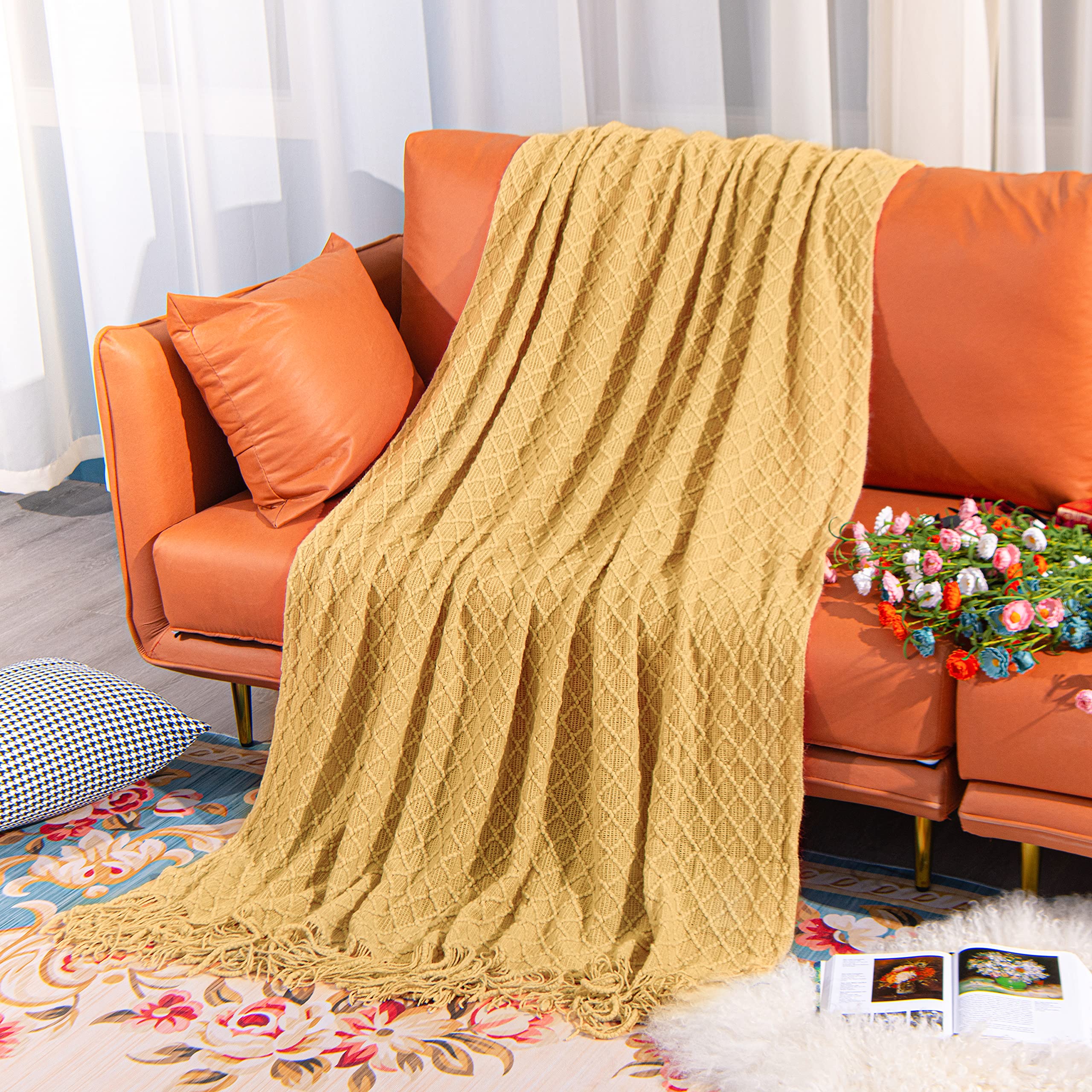 NTBAY Acrylic Knitted Throw Blanket, Lightweight and Soft Cozy Decorative Woven Blanket with Tassels for Travel, Couch, Bed, Sofa, 51x67 Inches, Grey Wave