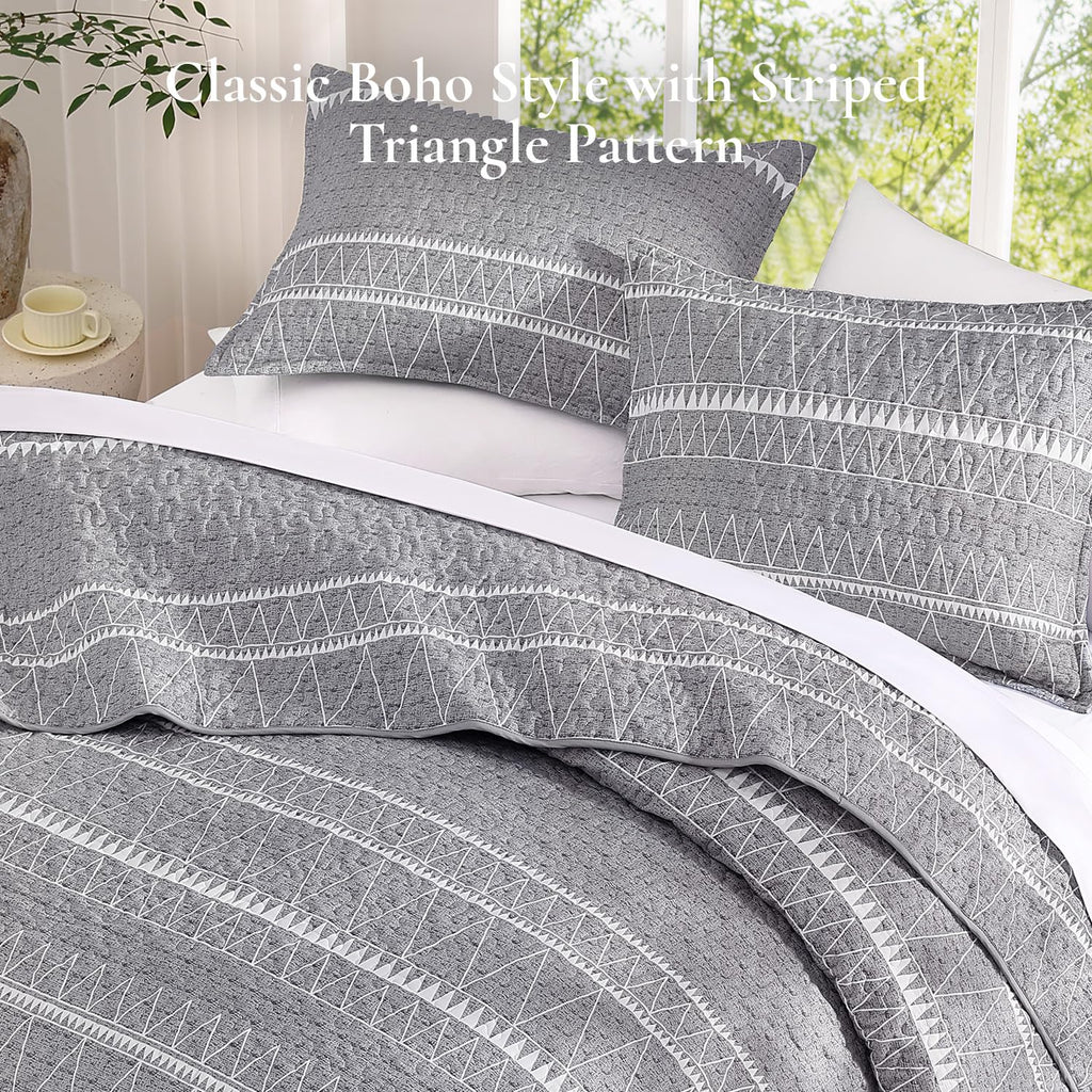 Andency Twin Quilt Set Grey, 2 Pieces Boho Lightweight Soft Striped Bedspread for All Season (68"x86"), Gray Printed Bohemian Polyester Reversible Coverlet Comoforter Sets