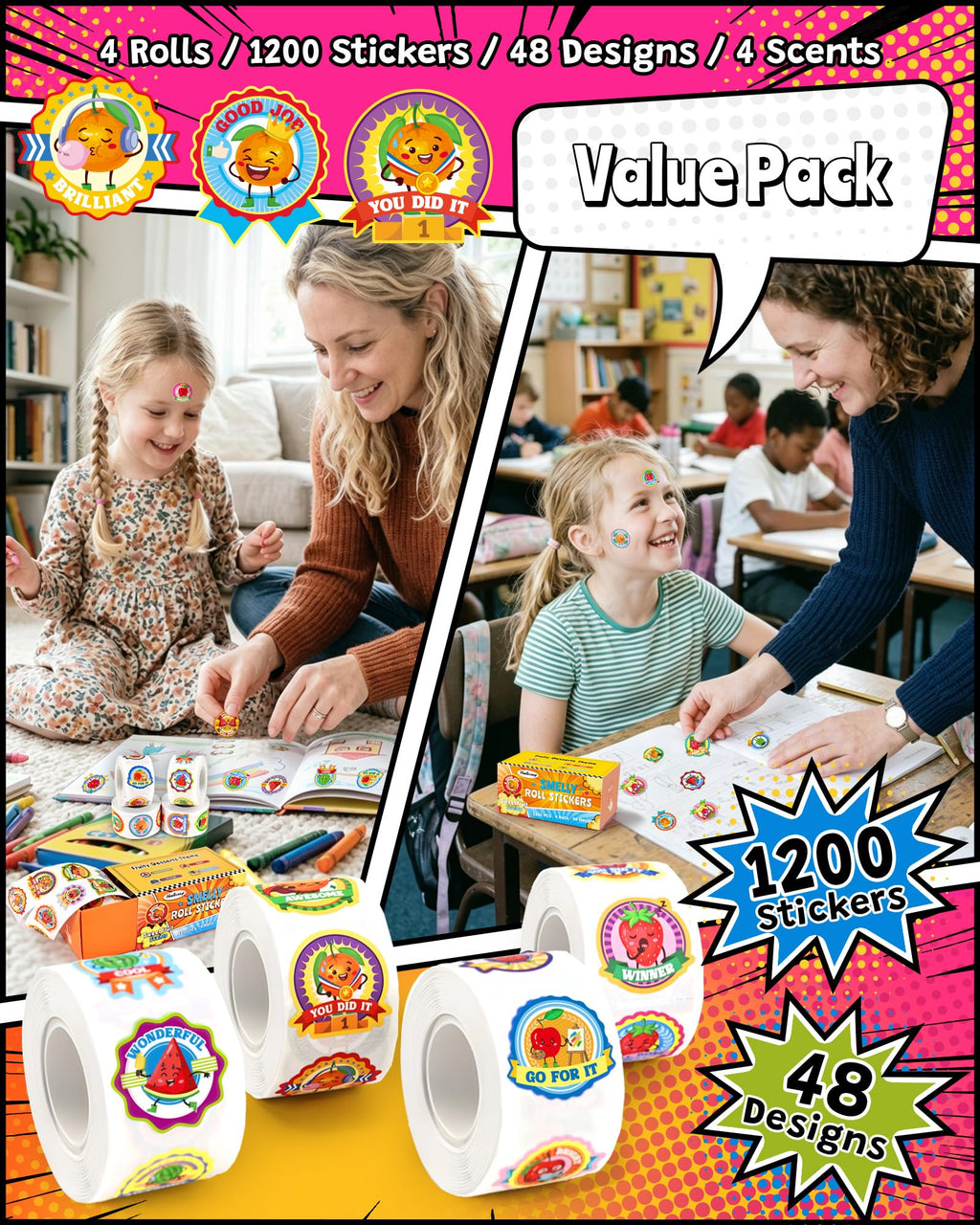 HORIECHALY 3 Rolls Scratch and Sniff Stickers for Kids, 600PCS Smelly Scented Stickers, Kid's Reward Sticker, Classroom Teacher Must Haves, School Supplies Incentives Christmas Children‘s Gift-1.57''