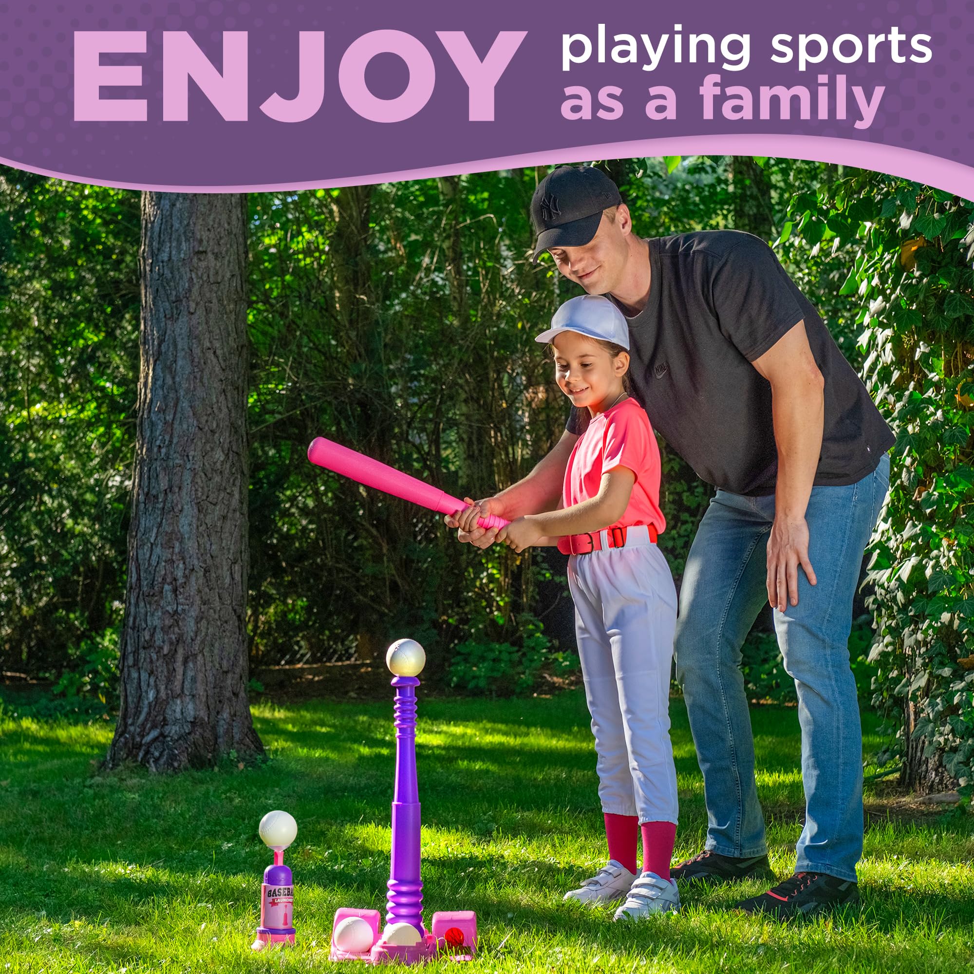 T Ball Stand for Kids and Toddlers 1-3, 3-5, 5-8. Baseball Set Includes 6 Large Balls, an Adjustable Tball Batting Tee, and a Pitching Machine. Kids Bat and Ball, T-Ball Sets for Kids