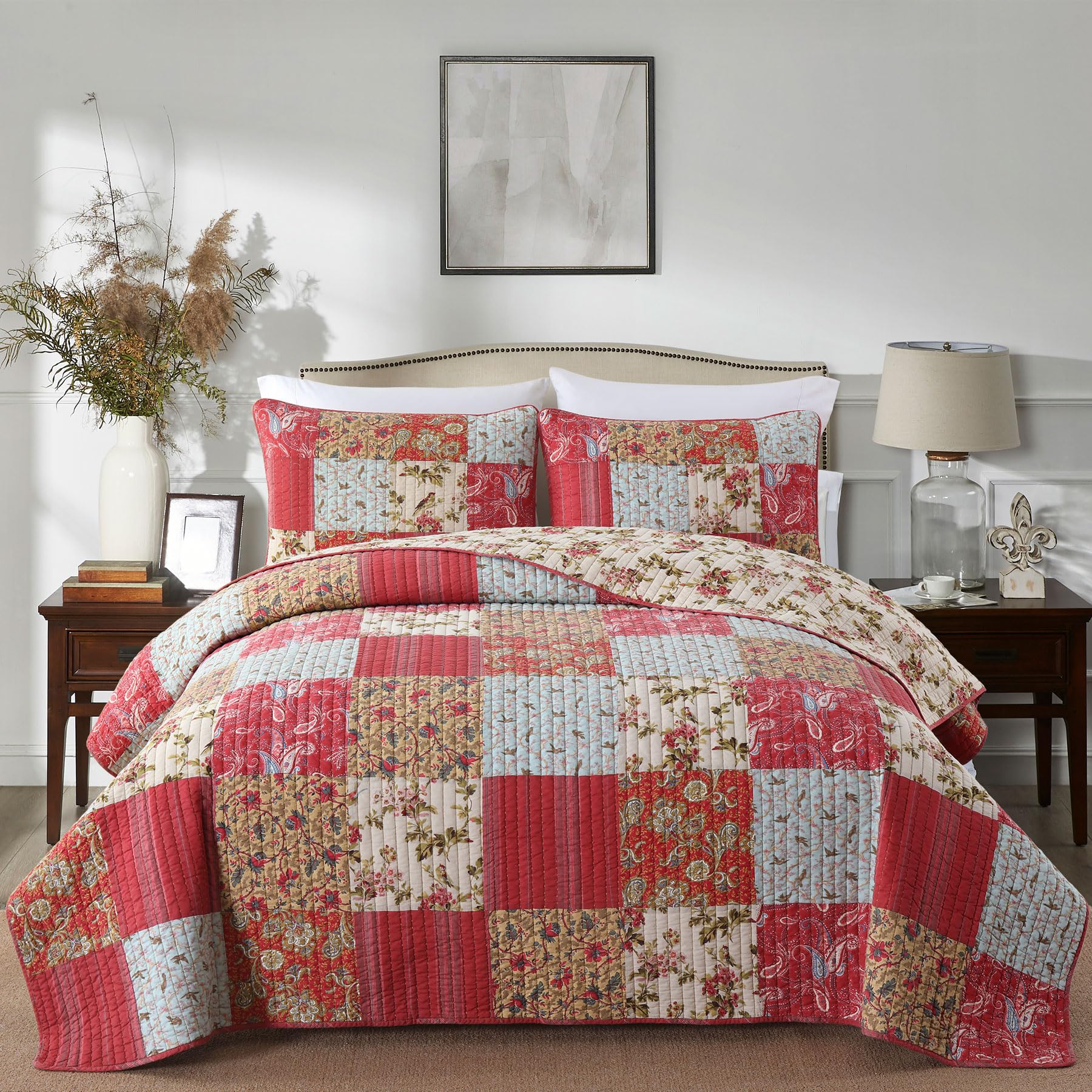 Secgo Twin Comforter Set for Bed - 100% Cotton Quilts Twin Size, Black Bedspreads with 2 Pillow Shams, Patchwork Reversible Lightweight Bedding