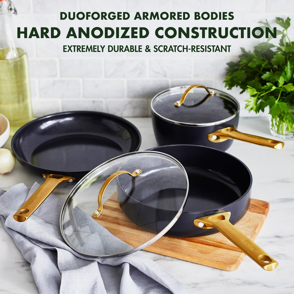 GreenPan Hard Anodized Healthy Ceramic Nonstick 5 Piece Cookware Pots and Pans Set, Gold Handle, PFAS-Free, Dishwasher Safe, Oven Safe, Black