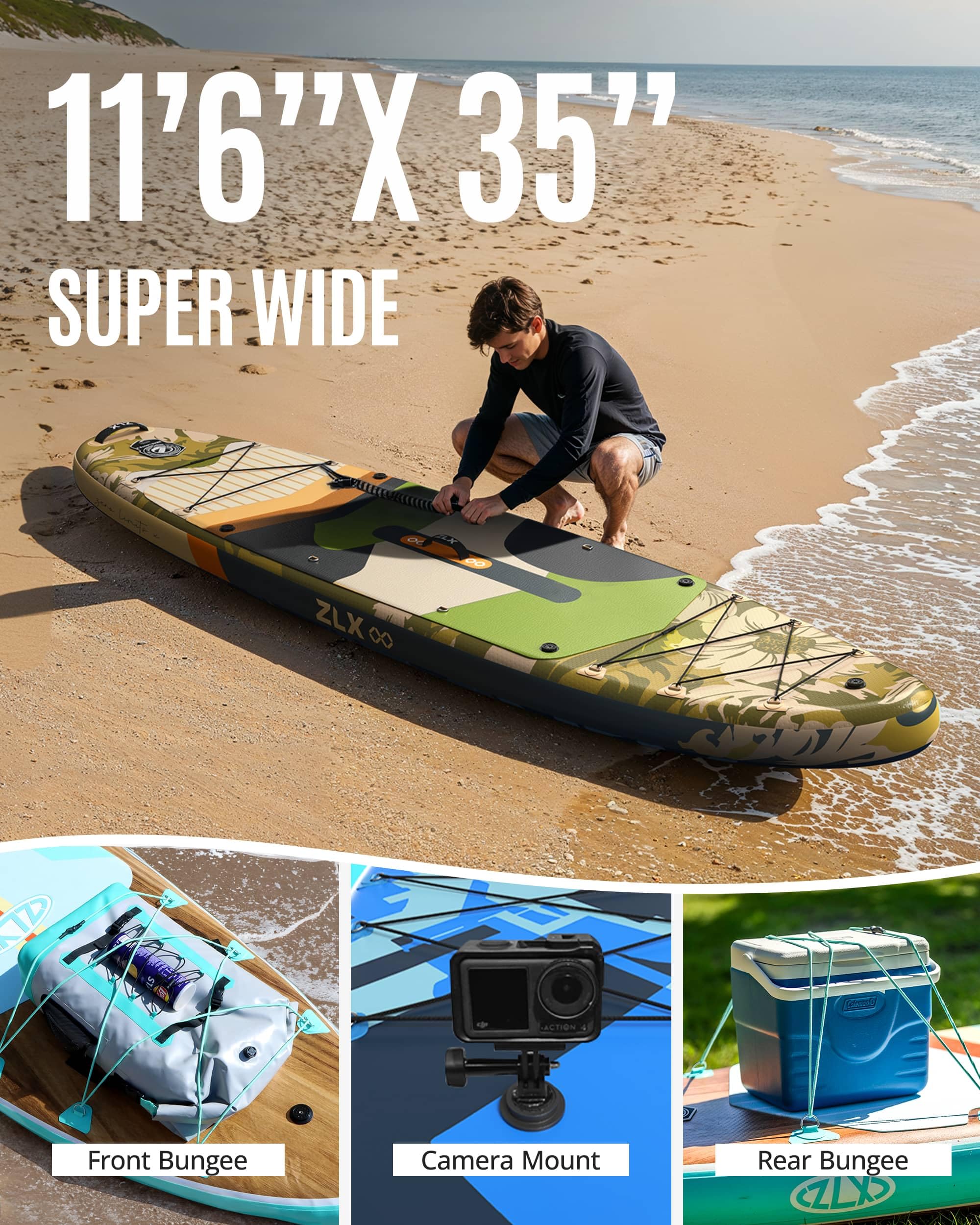 ZLX 11'6"x35" Ultra Wide Inflatable Stand Up Paddle Board | Stable Non-Slip Deck Pad, Unique Fin System, Premium SUP Accessories & Backpack - Upgraded Pump for Adults, All Skill Levels