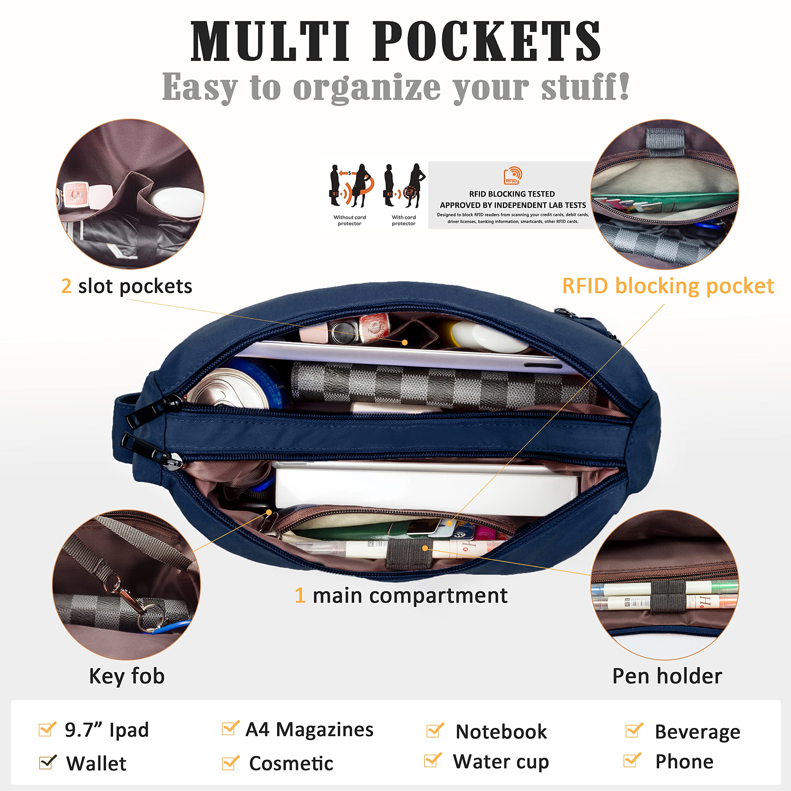 VOLGANIK ROCK RFID Purses for Women Fabric Nylon Multi Pocket Crossbody Bag Ladies Travel Handbag