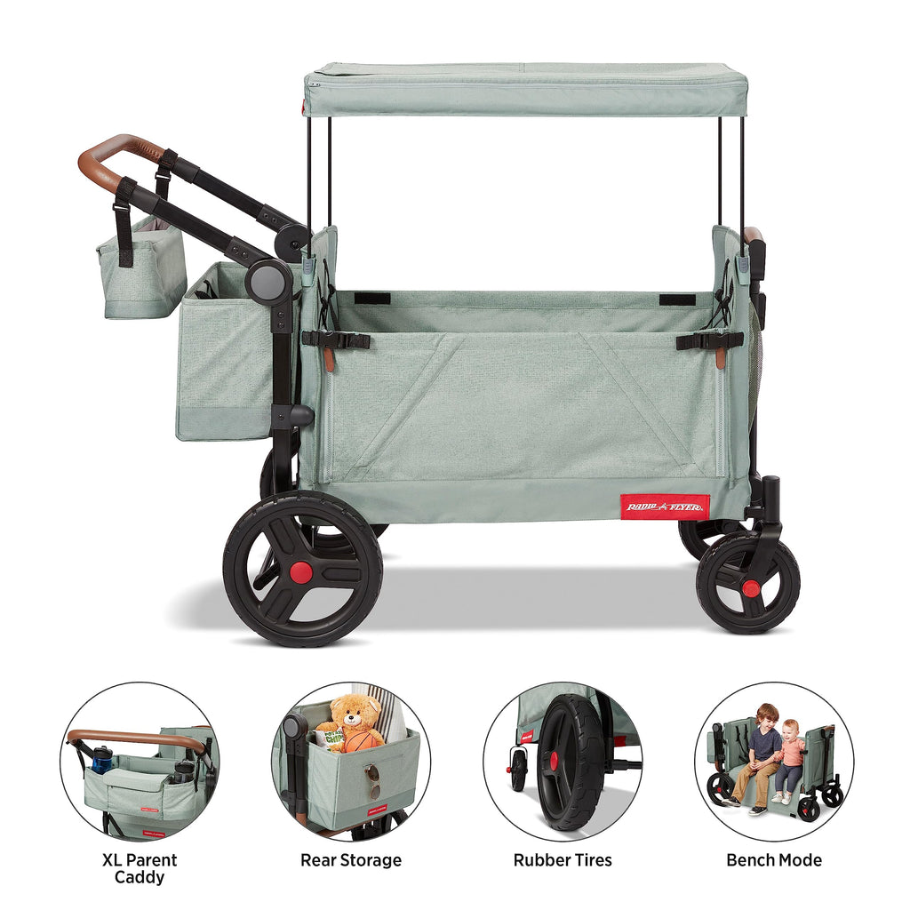 Radio Flyer Atlas Stroll 'N Wagon, Navy Blue, For Ages 1+, 3-in-1 Push or Pull Versatility, One-Hand Fold, UV Canopy, 5-Point Harnesses, Storage Capabilities, Rubber Wheels, Stroller Wagon for Kids