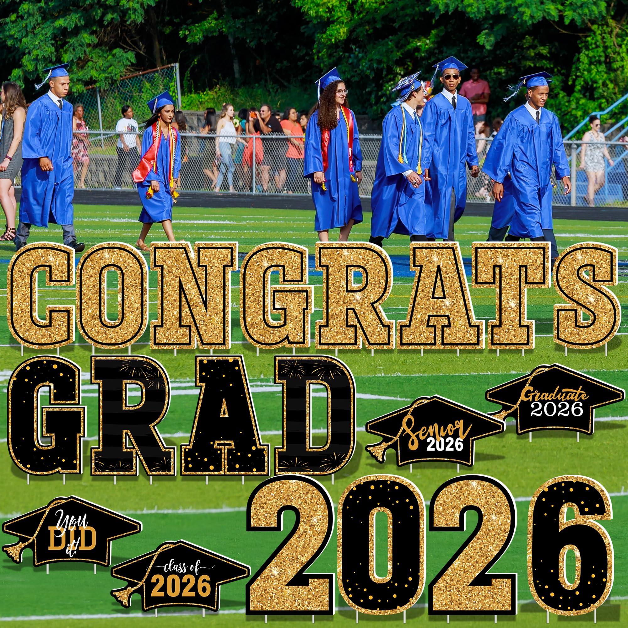 HOVACY 20 PCS Black Gold Graduation Yard Signs Class of 2026 | Black Gold 20 PCS, 40 Stakes, 11.57 x 16.14 in, Corrugated Plastic, Waterproof, Congrats Grad Sign, Graduation Sign