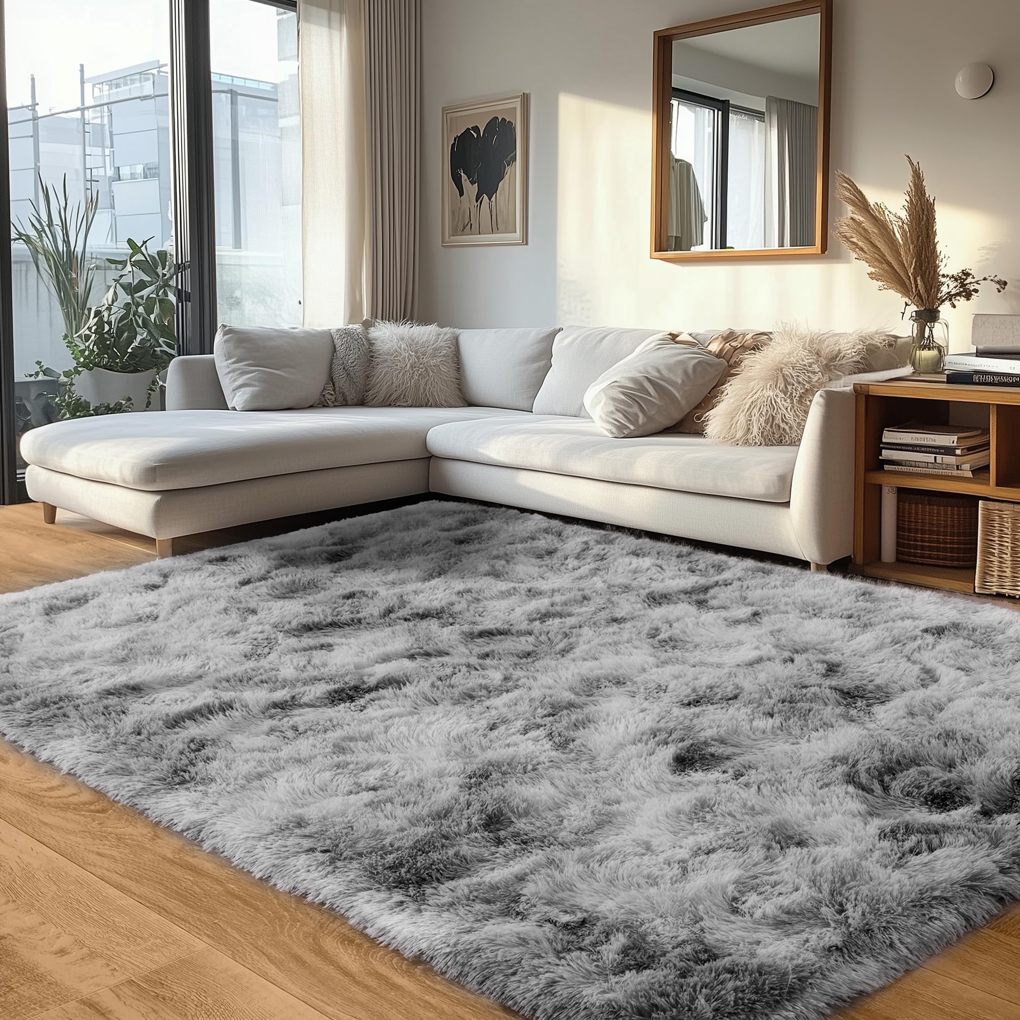 Beige Fluffy Rug for Bedroom 4x6ft - Ultra Soft & Non Slip Shaggy Area Rug, Comfy Durable Carpet for Living Room Kids Room Teens Dorm Home Decor, 1.7'' Thick Indoor Plush Carpets