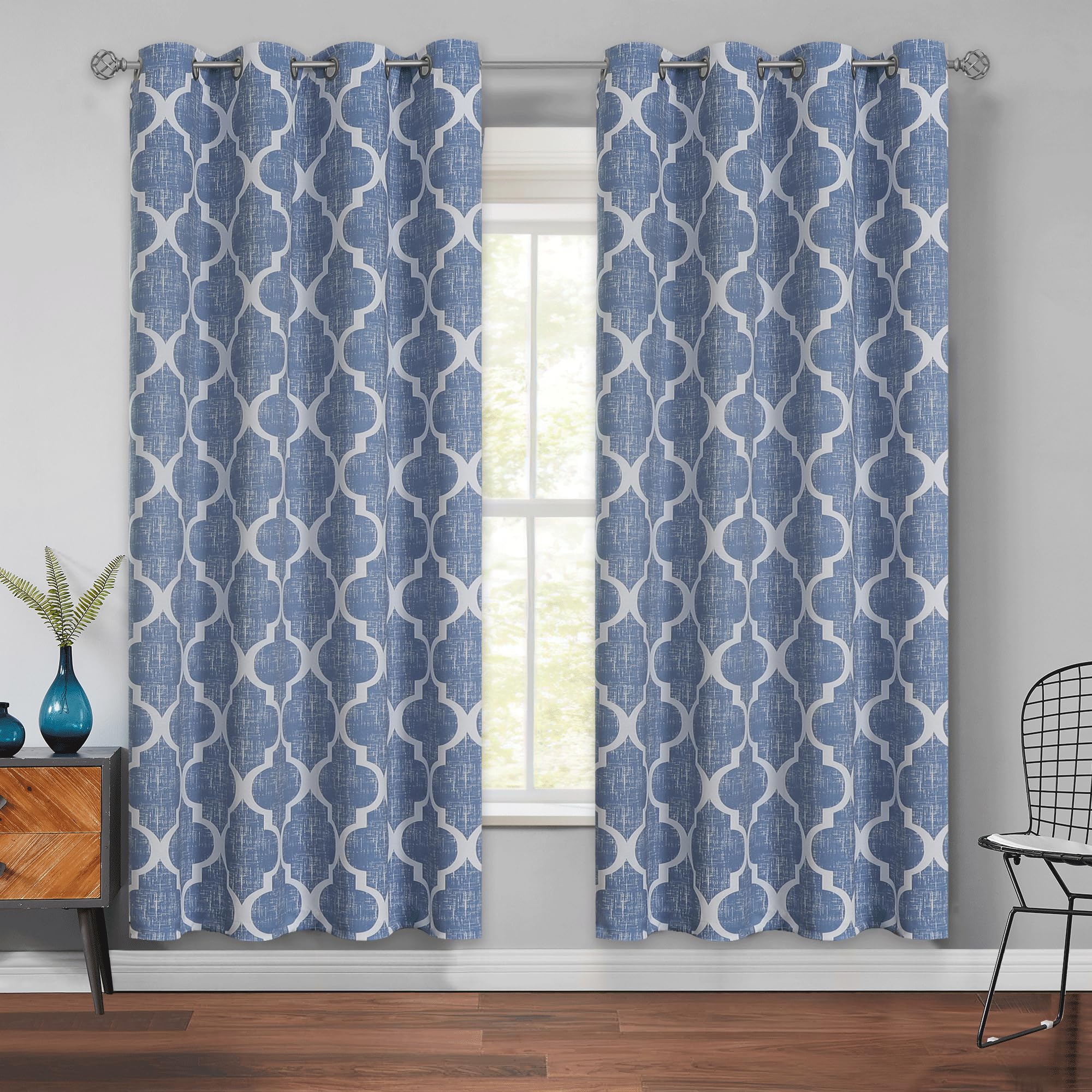 Beauoop 100% Blackout Curtains 45 Inches Long 2 Panels for Bedroom Living Room Aqua Grey Moroccan Geo Room Darkening Thermal Insulated Soundproof Grommet Top Window Treatments Drapes, 50x45 Set of 2