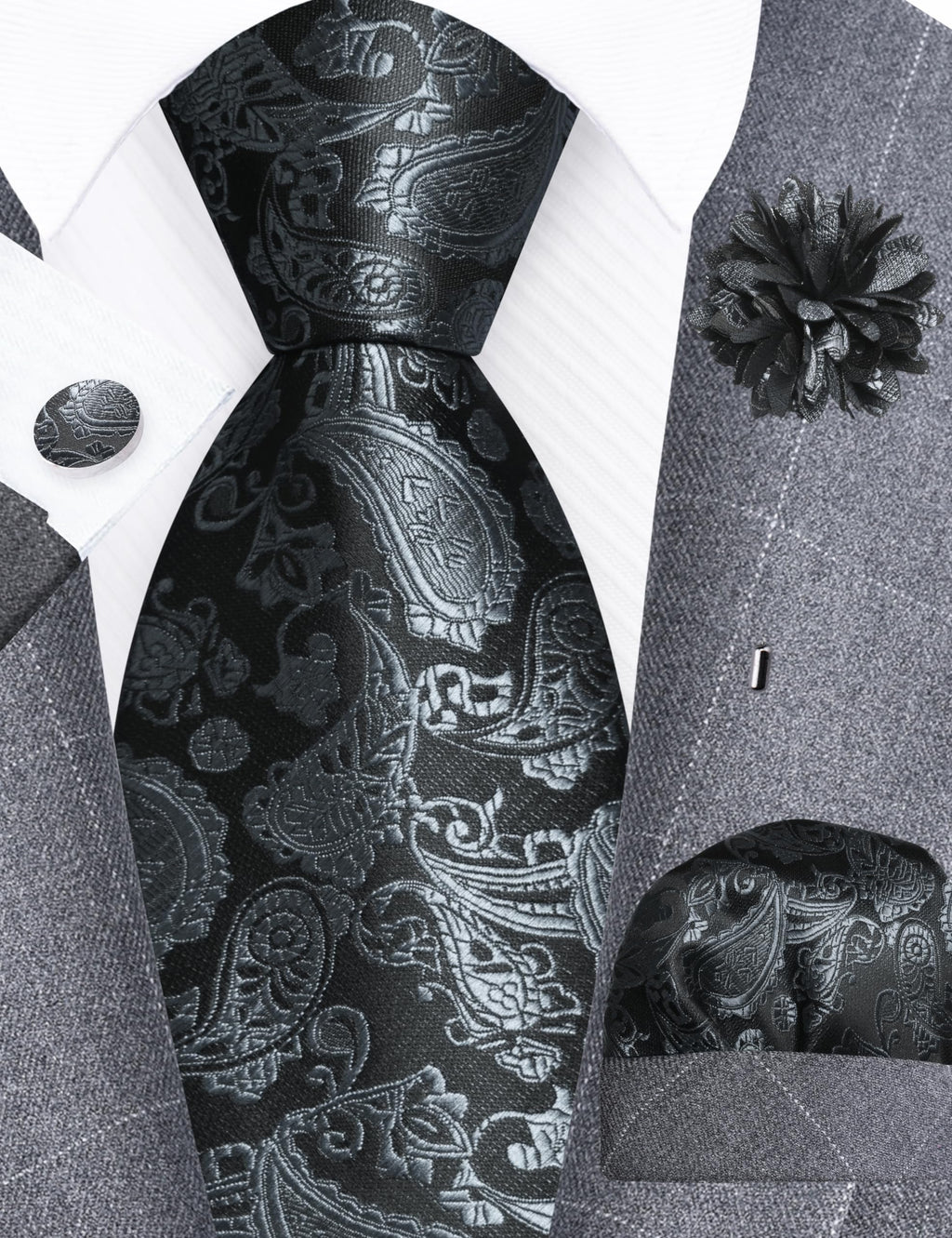 GUSLESON 3.15"（8cm） Mens Paisley Tie and Lapel Pin Necktie Hankerchief Cufflinks Set for Men