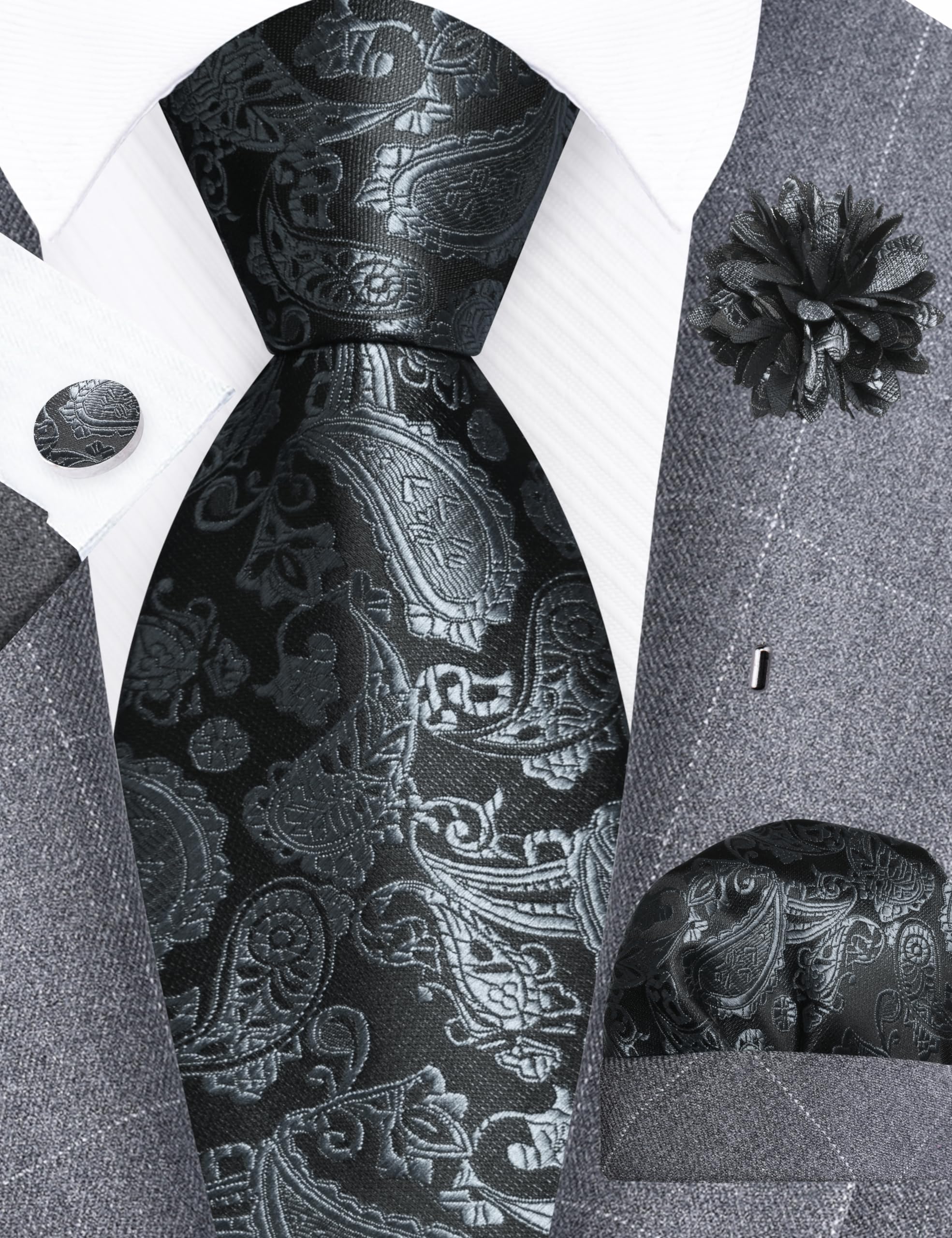 GUSLESON 3.15"（8cm） Mens Paisley Tie and Lapel Pin Necktie Hankerchief Cufflinks Set for Men