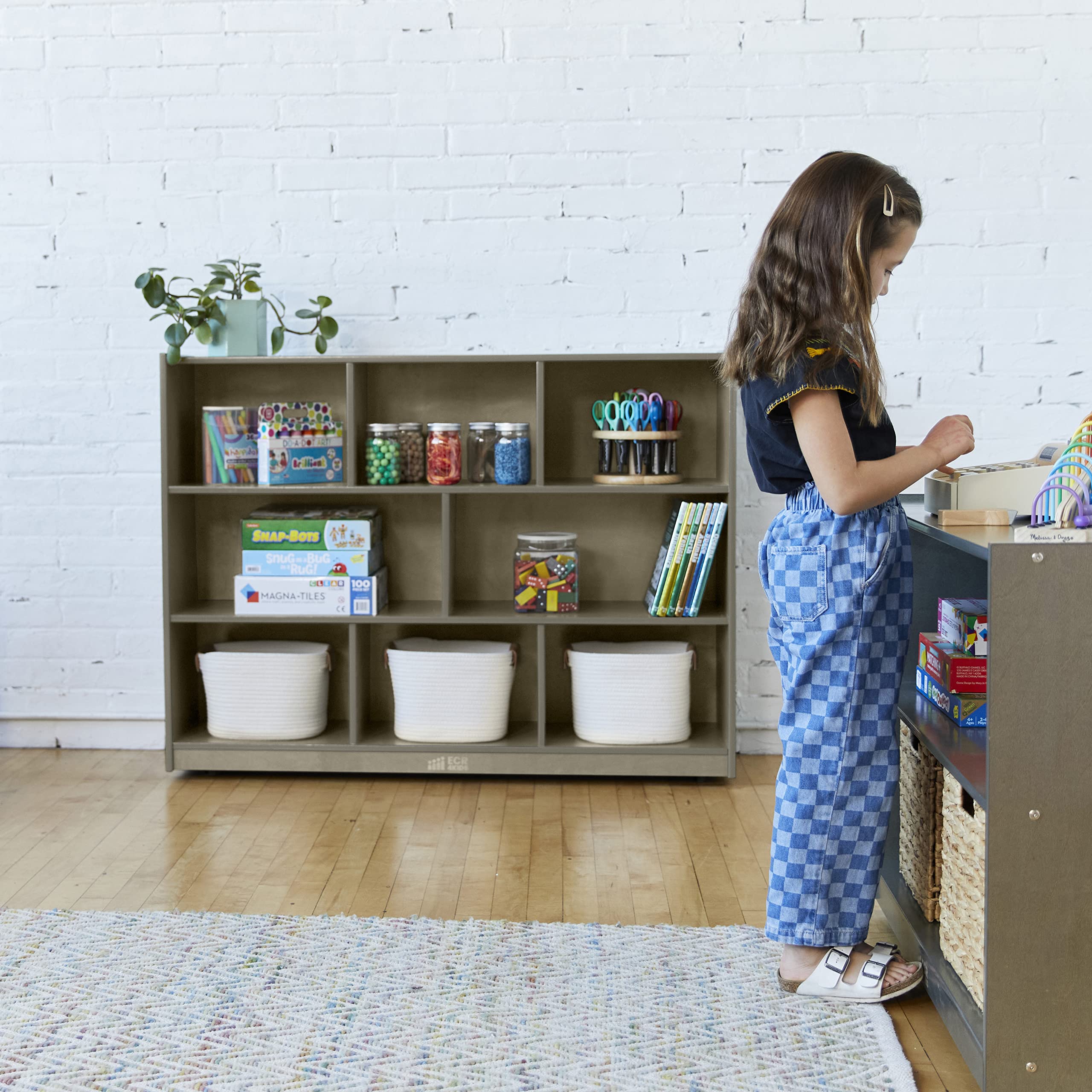 ECR4Kids 8-Compartment Mobile Storage Cabinet, Elementary, Classroom Furniture, Grey Wash