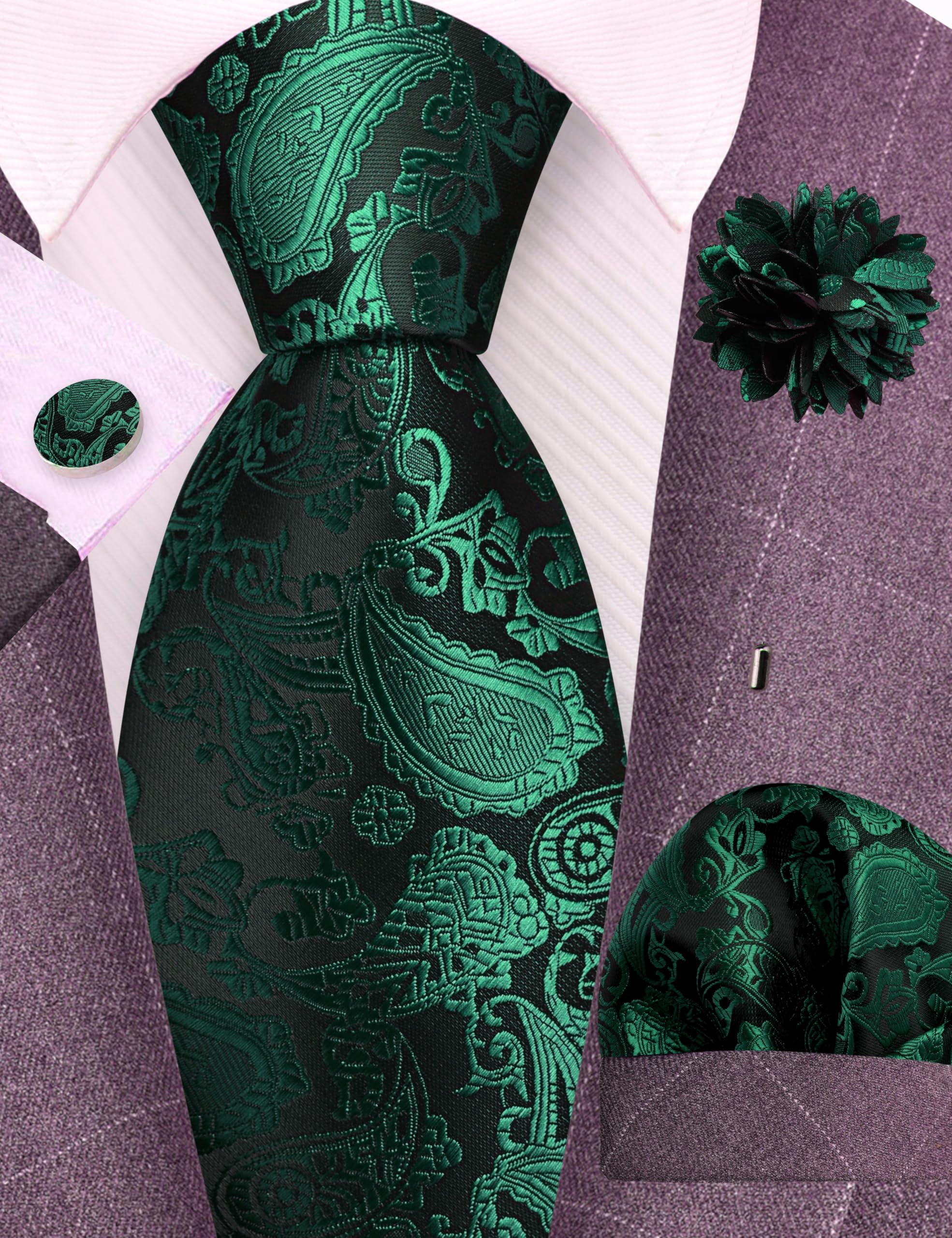 GUSLESON 3.15"（8cm） Mens Paisley Tie and Lapel Pin Necktie Hankerchief Cufflinks Set for Men