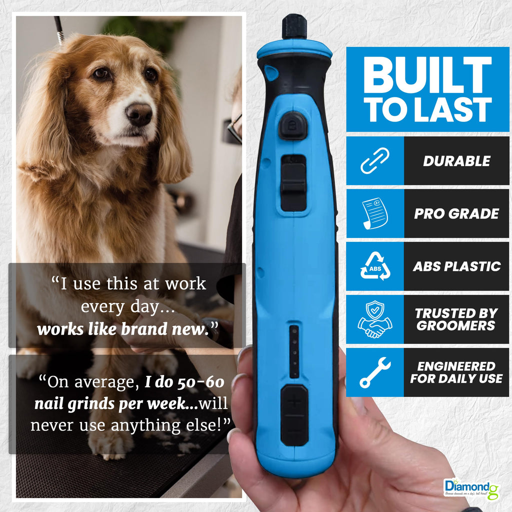 Diamondg Cordless Dog Nail Grinder with Quiet Sound & LED Tip for Large & Small Dogs, 4hrs. Runtime - Electric Dog Nail Trimmer, Heavy Duty Rotary Tool Alternative to Toenail Clippers & Filers