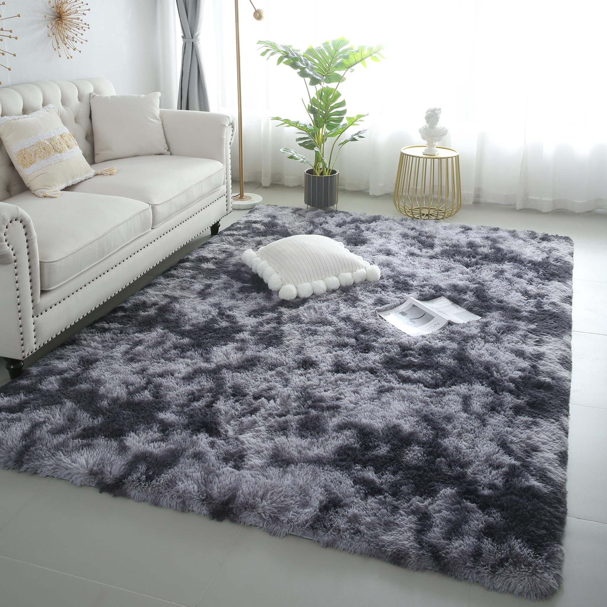 KICHOWUA Thick Area Rug Black Fluffy Shag 3x5 for Bedroom, Ultra Soft Thickened Plush Washable Carpet, Non-Slip Cozy Shaggy Fuzzy Rug for Living Room Nursery Dorm Playroom Kids Baby Room