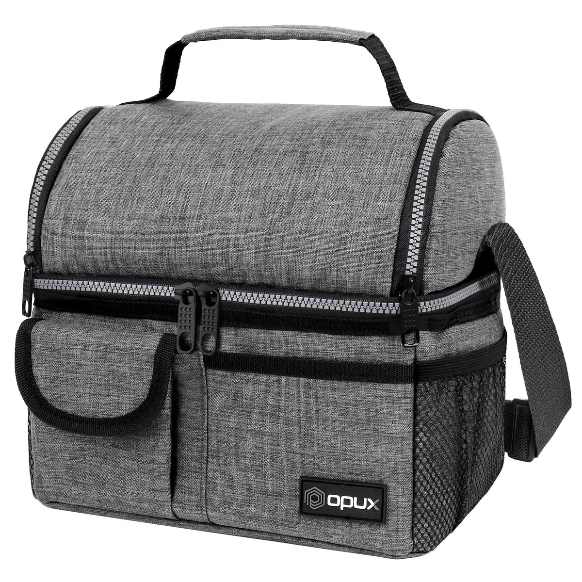 opux Insulated Lunch Bag Women Men, Dual Compartment Leakproof Lunch Box Adults Kids, Double Decker Meal Prep Bento Lunch Cooler Tote with Shoulder Strap for Work Office School Travel, Black