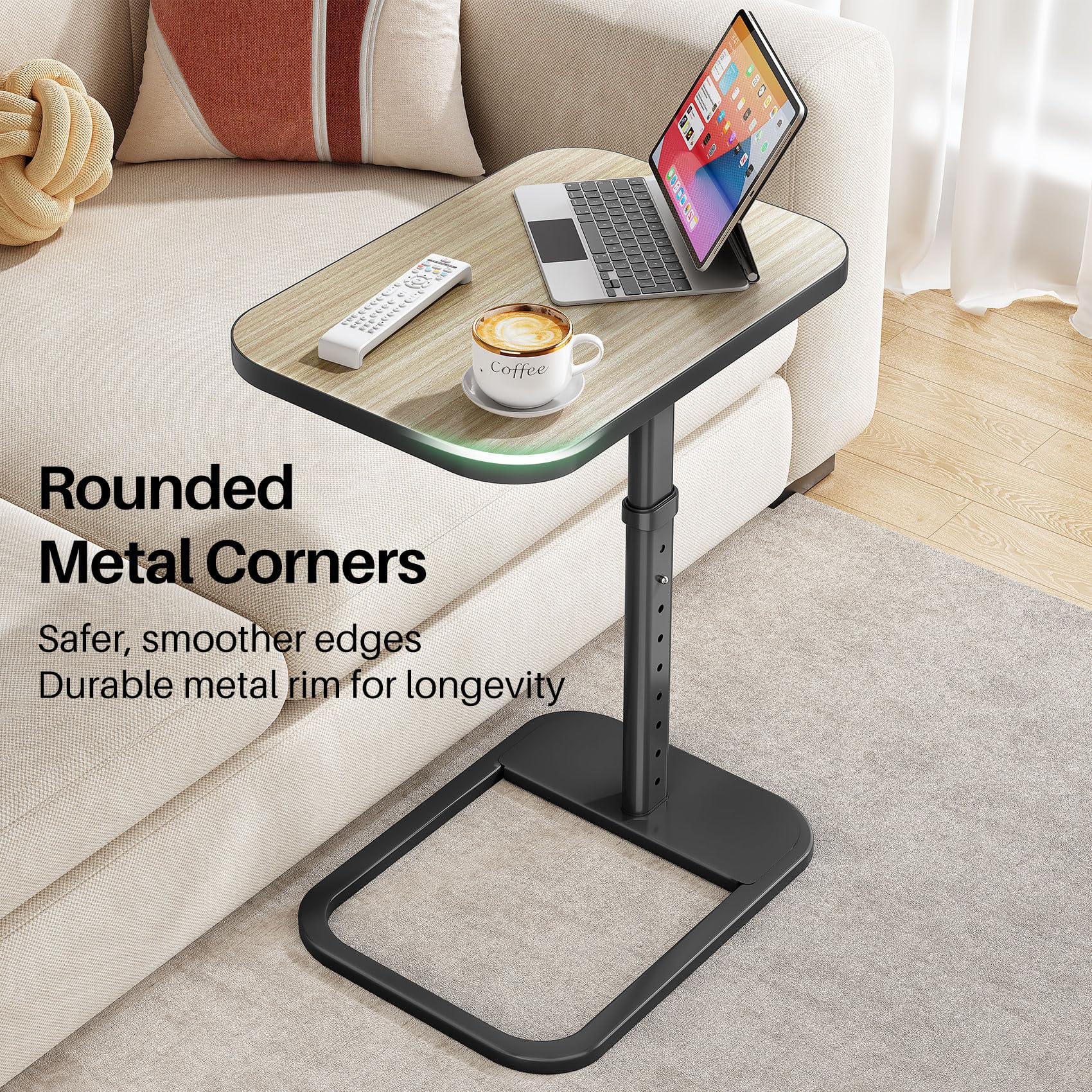 Kitstorack TV Tray Table, Adjustable Height & Rounded Metal Corners, Snack Table for Couch, Sofa, Bed, Chair, Living Room, C Shaped End Side Table for Eating, Dinner or Laptop, Small Spaces, Black