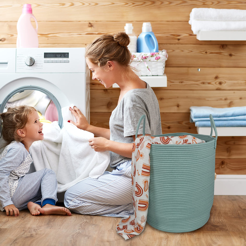 XUANGUO Black Cotton Rope Laundry Basket Hamper for Clothes Woven Storage Basket for Living Room Bedroom Boho Tall Rope Baskets for Blanket Toys Pillow Towels Baby Nursery Hamper Bin Large